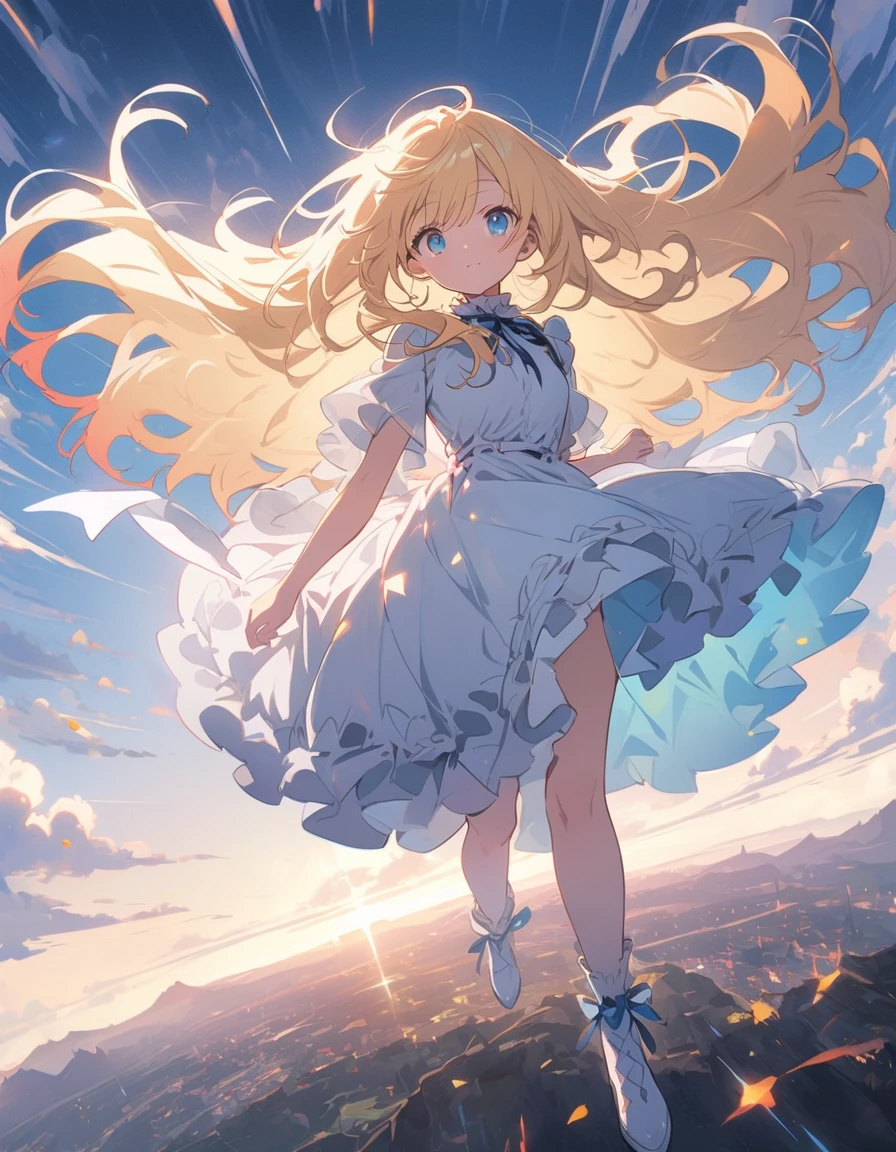 (非常にdetailedな 、 8k wallpaper,masterpiece, highest quality, 非常にdetailedな),(Best lighting, Best Shadow, Very delicate and beautiful),floating,High saturation,Blonde+blue eyes:1.2,Gloomy Gothic Landscape, Long Hair, Gazing into the distance. (長いブロンドの髪と輝くblue eyesのゴシック照明を持つ美しい女の子)、Gothic Lolita Clothing、(highest quality、masterpiece、High resolution、detailed)、animeスタイル、Flat Style、(Shining Eyes、detailed美しい顔),  BREAK,extremely detailed、Dynamic Angle、anime、fullbody