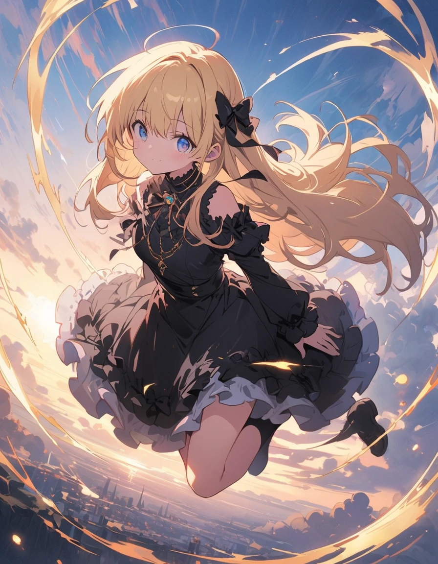 (非常にdetailedな 、 8k wallpaper,masterpiece, highest quality, 非常にdetailedな),(Best lighting, Best Shadow, Very delicate and beautiful),floating,High saturation,Blonde+blue eyes:1.2,Gloomy Gothic Landscape, Long Hair, Gazing into the distance. (長いブロンドの髪と輝くblue eyesのゴシック照明を持つ美しい女の子)、Gothic ta Clothing、(highest quality、masterpiece、High resolution、detailed)、animeスタイル、Flat Style、(Shining Eyes、detailed美しい顔), BREAK,extremely detailed、Dynamic Angle、anime、fullbody