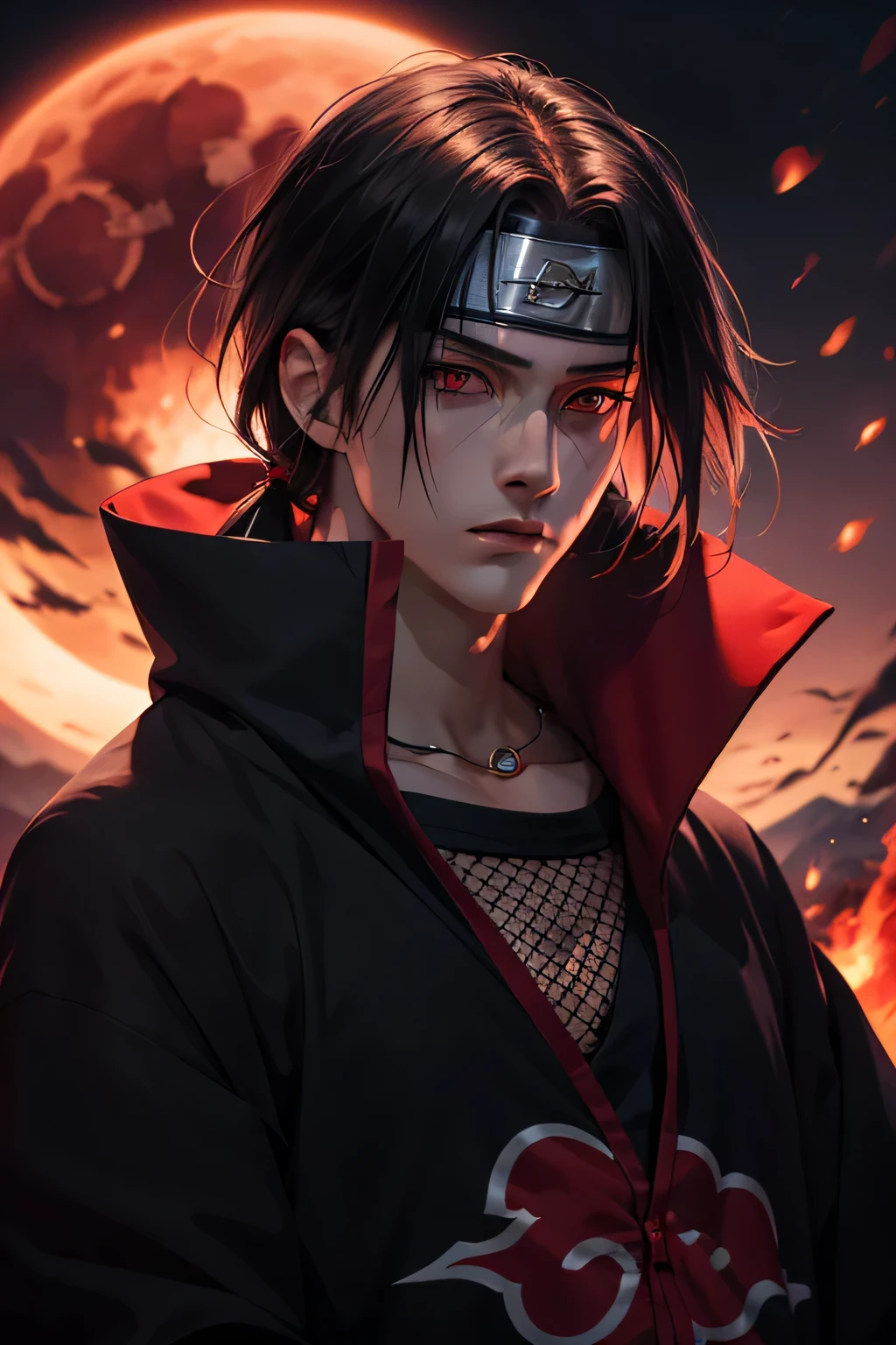 Masterpiece, high detailed, a young man covered in black cape with red cloud drawing or akatsuki robe from naruto, itachi uchiha, red eyes, upper body, shinobi, Konoha headband, red moon in the background, red theme, from naruto, long hair, covered in red flame