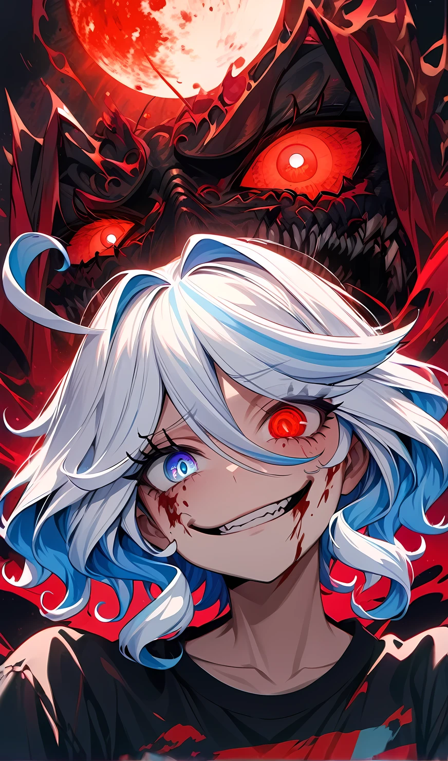 ojos reds, colmillos de dientes de Vampire, bold face, blood out of mouth, affected smile,bat wings, scary smile, psychopathic affected smile, psychopathic smile, scary, Open mouth, angry eyes, Vampire, dark sky background, red + Blue + green, glowing red moon