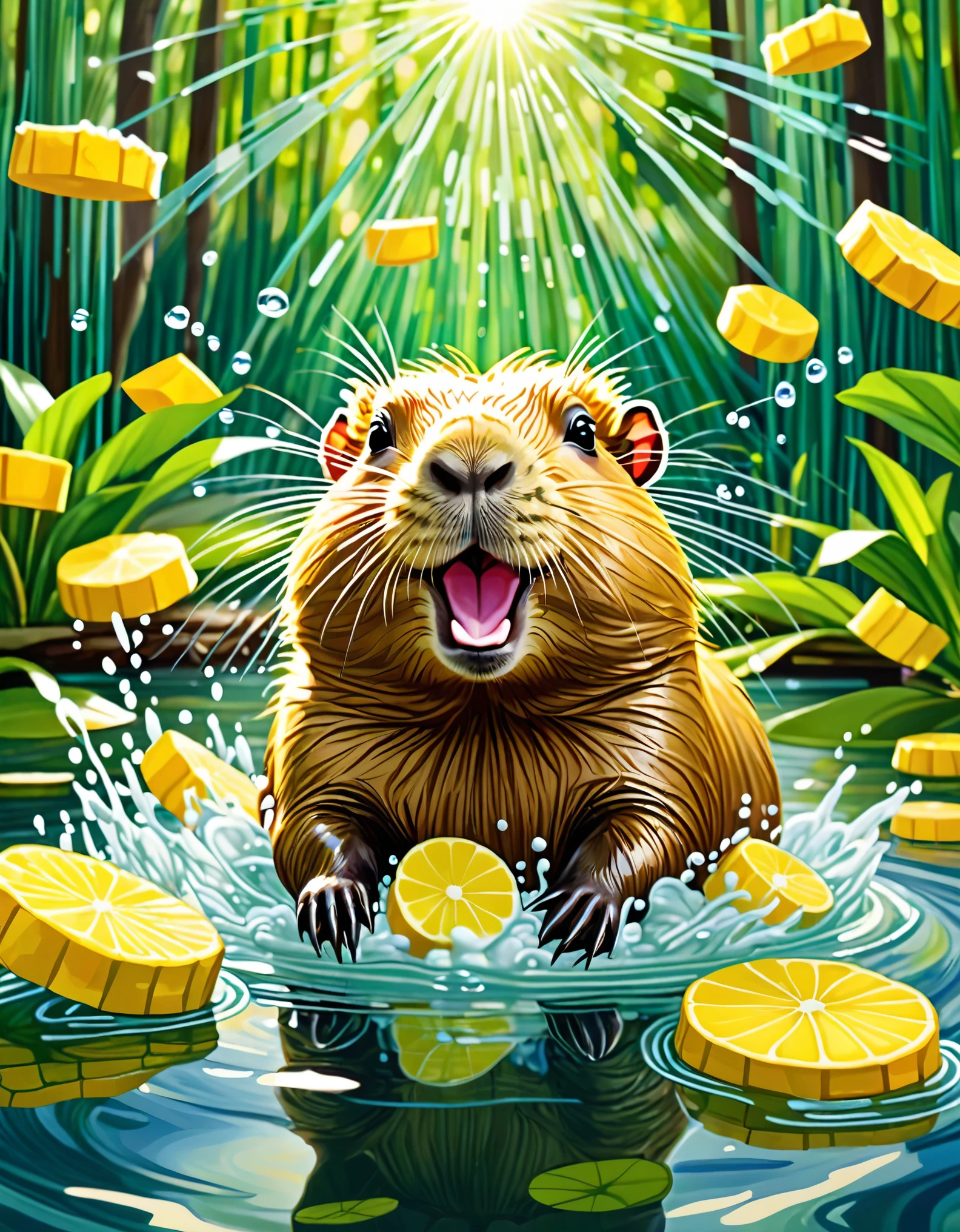 (masterpiece), (extremely intricate:1.3), A painting of a playful, adorable chibi capybara is enjoying a relaxing bath in a beautiful pond, surrounded by vibrant yuzu slices that float on the water's surface. The capybara's tiny, round body is covered in soft, fluffy fur, and it wears a small smile as it splashes around. The background of the scene is a serene, green forest with rays of sunlight filtering through the trees, casting a soft glow on the water.