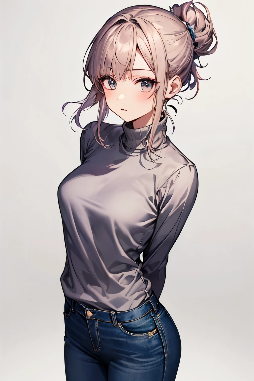 girl、White background、Hair tied back、cute、turtleneck、The upper arms are exposed、Wearing jeans、whole body、From a little above、I have flowers、arms folded behind the back、Looking at this、Are standing