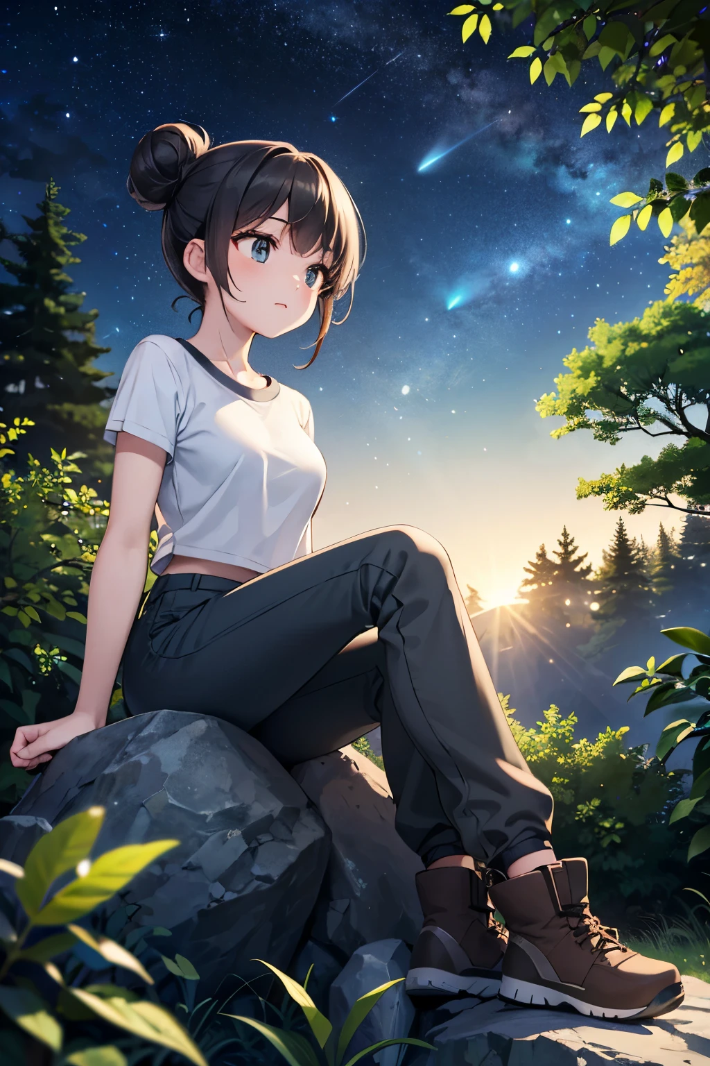 (masterpiece, best quality, hires, high resolution:1.2), extremely detailed, realistic, 1girl, dark hair, Messy Side Bun, Hiking pants, performance top, and hiking boots,Sitting on a rock, gazing at the stars, with a sense of awe and wonder for the universe. , in an enchanted forest, (night:1.2), glowing butterfly, outdoors, cinematic lighting,