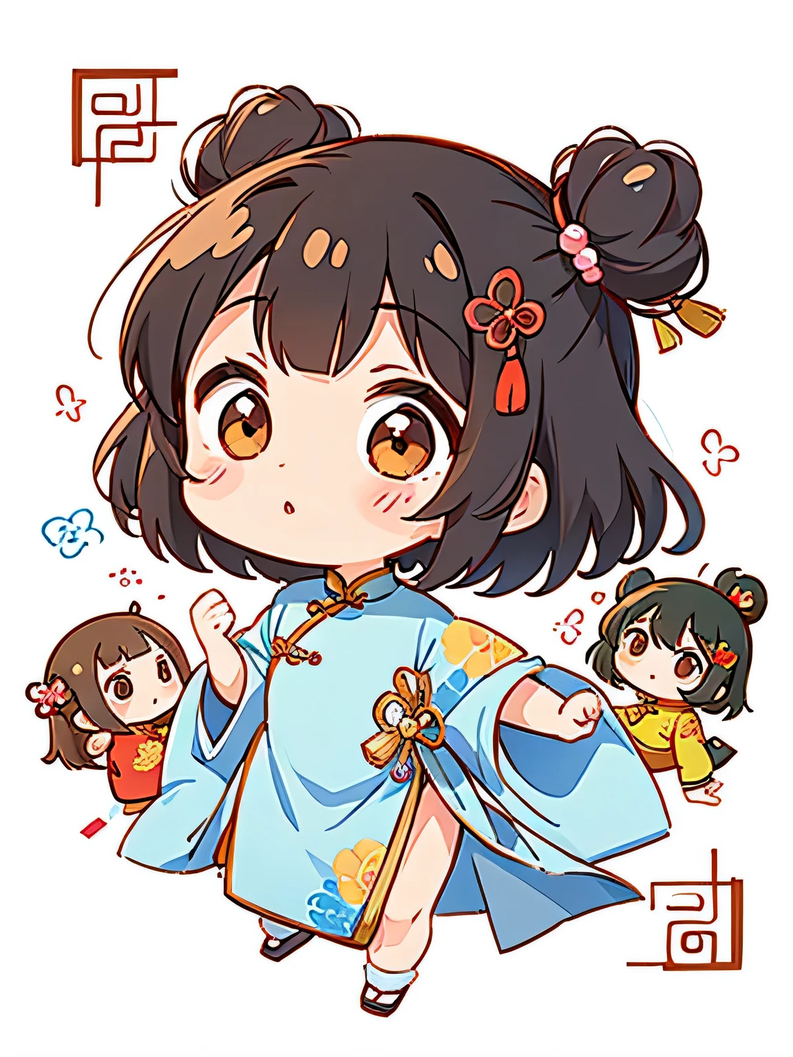 Machiko Satonaka style, Kawaii Design, most beautiful girl ever、Chibi, (((Lots of friends)))、sexy、Chinese Style Hair、(((China dress)))