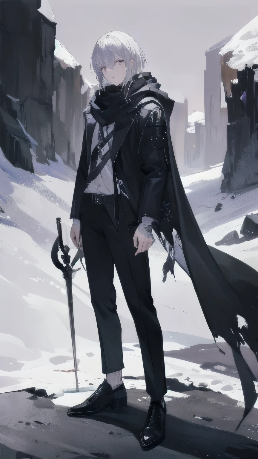 Man with silver hair, look handsome, white adventure cloth torn, black scarf, long black pants, purple eyes, blood on his clothes, standing alone in a dark cave, holding a sword in both hands.