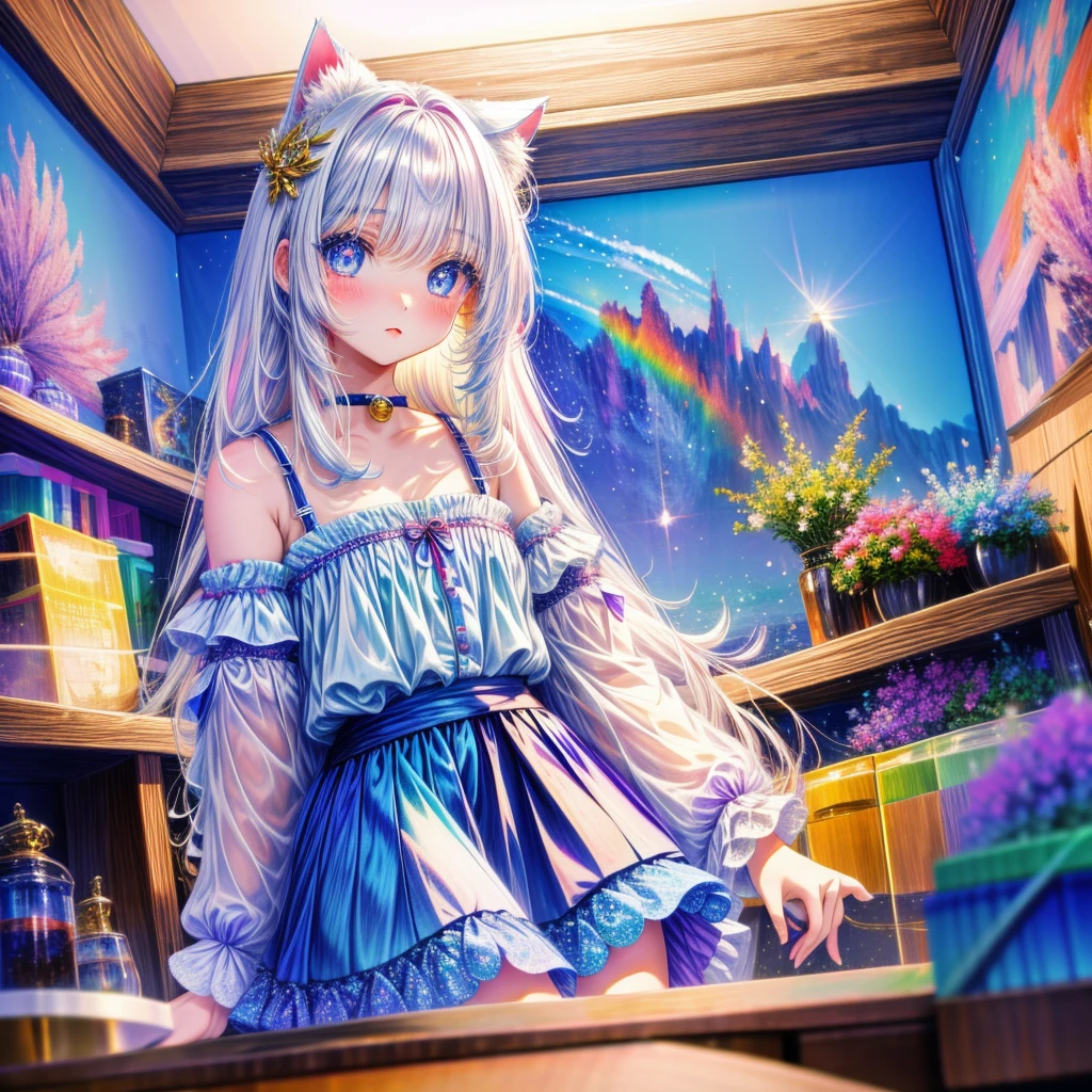 (masterpiece, high quality, highres,Highest picture quality),
BREAK
blurry background, (colorful:0.7), (eyes focus:1.2), looking at viewer, upper_body, fisheye, (indoors:1.1), cuteg, warm light, cute cat ears,
BREAK
1, standing, solo, ^ ^, (leaning_forward:1.1), arms_behind_back, (wide-eyed:1.1), head_tilt, bare shoulders, small breasts, long eyelashes, collarbone, (blush:0.95),
BREAK
shiny skin, shiny hair,(bright pupils:1.1),Curious,detailed eyes,hair ornament, long hair, two side up hair,white hair, upskirt, shiny eyes,