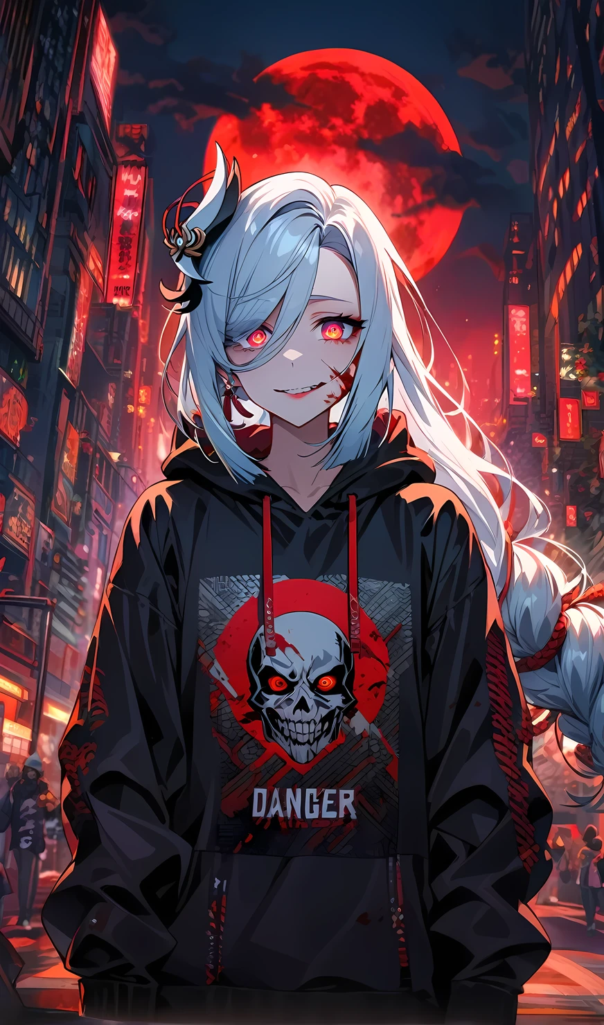 Shenhe, danger ,solo,crazy evil smile,villain,blood on face ,wearing street wear, night city,red moon background,sad,highly detailed eyes, highly detailed face, highly detailed background,look at viewer,