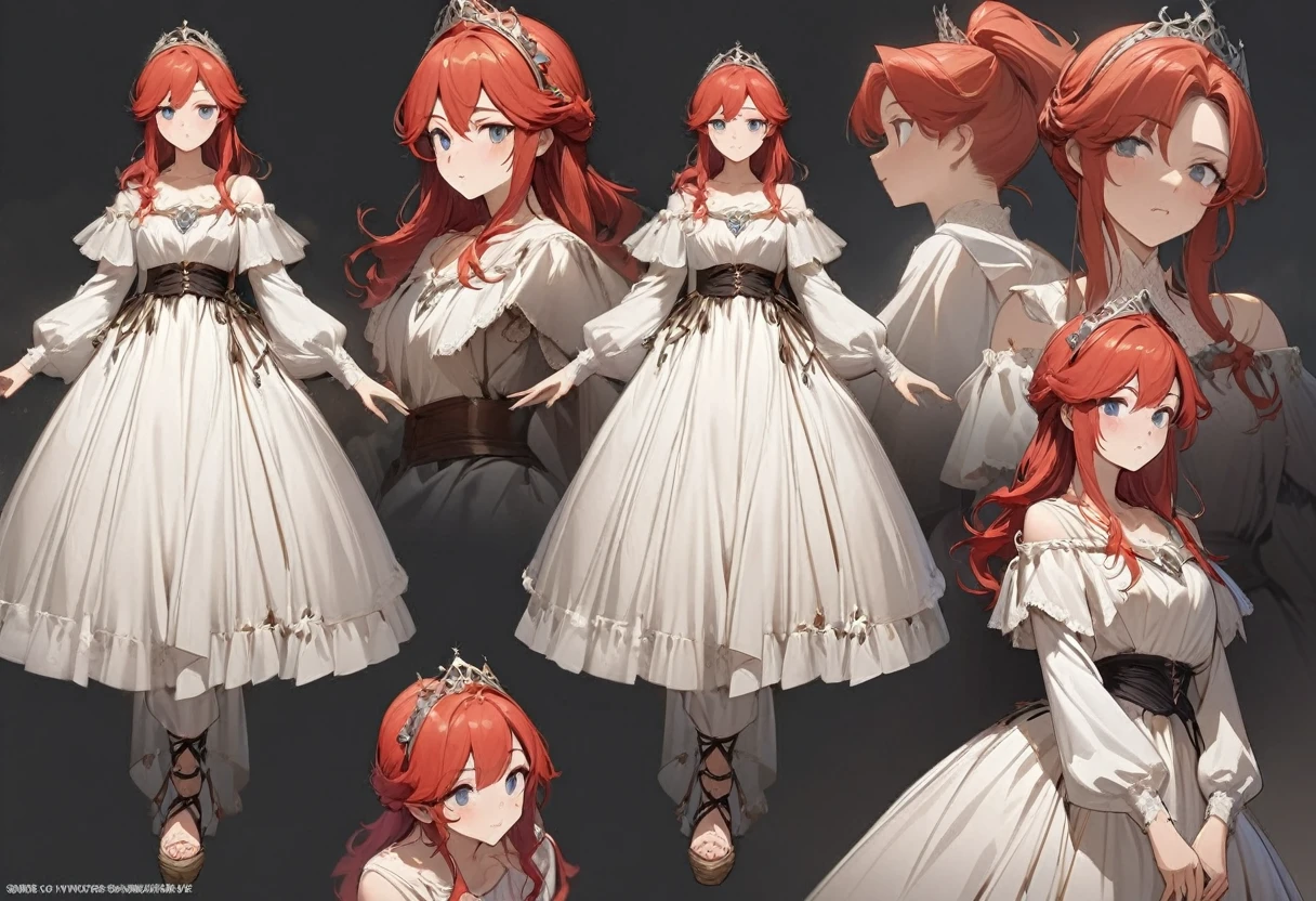 Best image quality, Excellent details, Ultra-high resolution, Best illustrations, Favorite Details, Very condensed one girl, Delicate and beautiful features, Light skin, long red hair, Androgynous,White Skirt, Princess, Medieval dress, tiara, Heel, full body, three views from front, back and side, to many pose