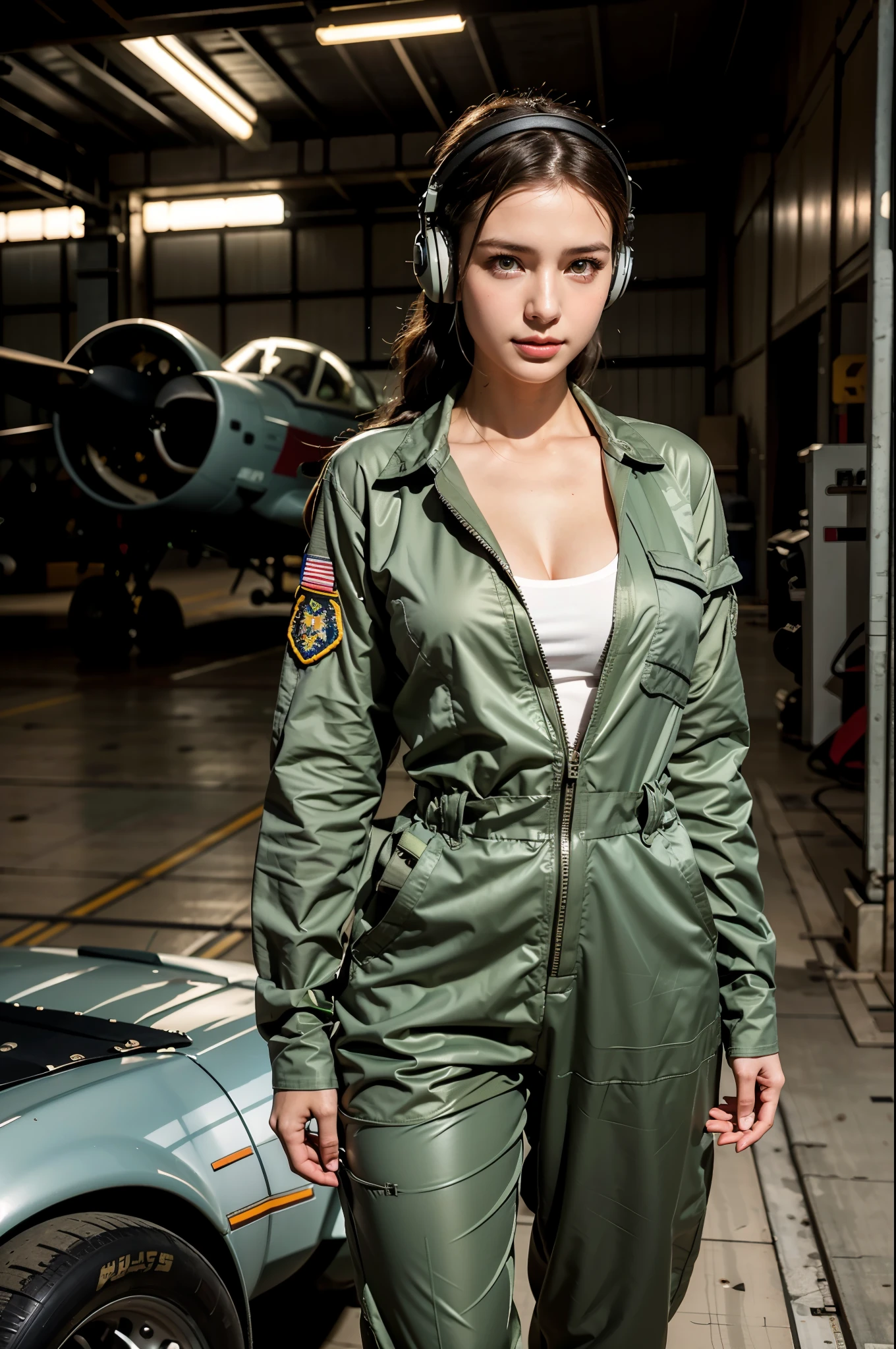 Best quality, ((professional photograph, RAW photo)), Insanely realistic, an extremely delicate and beautiful, ultra high res, realistic lighting and shading, (Realistic image of a extremely pretty female Aircraft mechanic, solo), Inside a spacious Aircraft hangar, Monoplane fighters of the World War II era line the background, Aircraft parts scattered on the floor, Tools for maintenance, She does aircraft maintenance, (wearing Military camouflage patterned Long-sleeved mechanic's coverall), (wearing mechanic's heavy-duty glove), (Wearing a headset), her hair is tied back later, very professional mechanic, inscrutable smile, (extremely beautiful depiction of the eyes and face), (insanely beautiful natural skin texture), Accurate eyes, Accurate hands, Well-balanced overall body