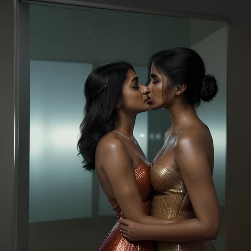 ((best quality)), ((masterpiece)), (detailed), 2 indian beautiful lesbian women desperately and passionately kissing each other on lips, facing each other, wearing shining party dress holding each other close, standing in corporate office, ultra smooth image, realistic photo, red lips, ((smooth skin texture)), hyper realistic, 8k photo, Cinematic film still, shot on v-raptor XL, film grain, vignette, color graded, post-processed, cinematic lighting, 35mm film, live-action, best quality, atmospheric, a masterpiece