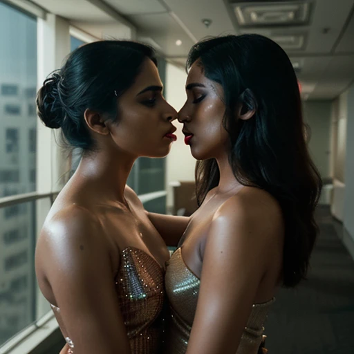 ((best quality)), ((masterpiece)), (detailed), 2 indian beautiful lesbian women desperately and passionately kissing each other on lips, facing each other, wearing shining party dress holding each other close, standing in corporate office, ultra smooth image, realistic photo, red lips, ((smooth skin texture)), hyper realistic, 8k photo, Cinematic film still, shot on v-raptor XL, film grain, vignette, color graded, post-processed, cinematic lighting, 35mm film, live-action, best quality, atmospheric, a masterpiece