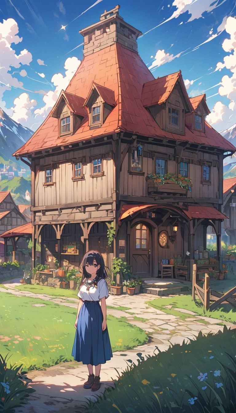 (((highest quality))), High saturation, clear, reasonable structure, Manga style, architecture, bridge, construction, city, chimney, cloud, cloudy_null, Day, Fantasy, door, Grass, Home, Mountain, no_human, outdoor, river, landscape, null, Day没, wood, window, wheat field, wheat, jk country, smile, cute, Blue Skirt, White top、(highest quality、masterpiece、High resolution、detailed)、animeスタイル、Flat Style、(Shining Eyes、detailed美しい顔), BREAK,1 girl、anime、(The Shining), Best lighting, Best Shadow、extremely detailed