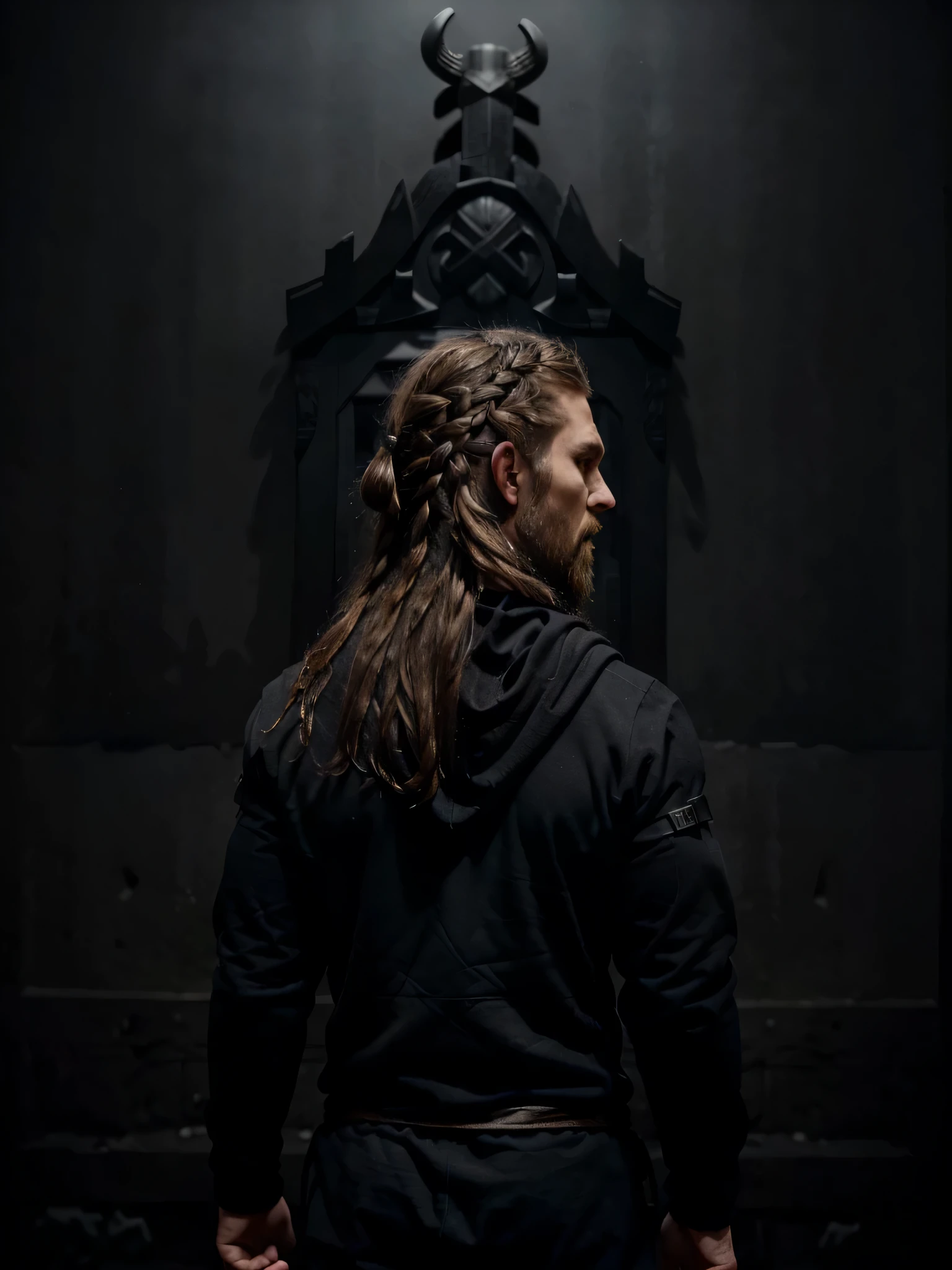 (((portrait from the backside))), strong man, nordic look, ((viking hair)), (black hoody with the head of thor), black wall in background, mystic dark atmosphere, little light