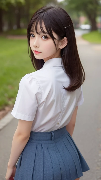 ((SFW: 1.4)), ((Detailed face, Professional photography)), ((SFW, blouse, skirt, From behind, 1 girl)), Ultra-high resolution, (Realistic: 1.4), RAW Photos, highest quality, (PhotoRealistic Stick), concentrated, Soft Light, ((s old)), ((Japanese)), (( (Young Face))), (surface), (Depth of written boundary), masterpiece, (Realistic), woman, bangs, ((1 girl))