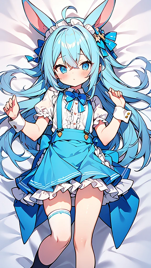 dakimakura style,hyper cutest shota,
light blue hair,loose long hair,rabbit shotas,(Reliable blue suspenders for hanging frilly miniskirts),(bare navel and stomach),School festival, bunny ear waitress,full body,