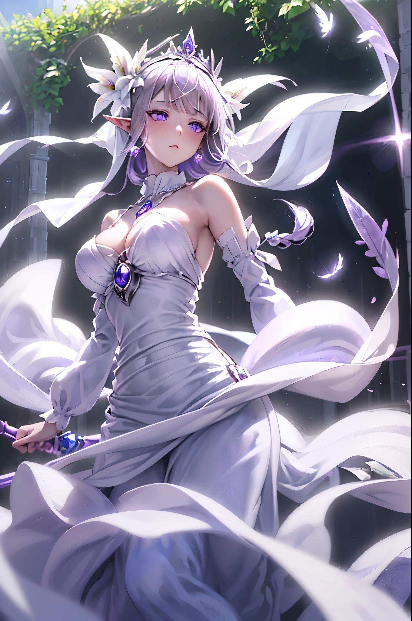 Emilia princess from Re:Zero kara Hajimeru Isekai Seikatsu, half elf, ((gorgeous white and purple elegant silk wedding dress, holding a bunch of clematis, silk accesory, veil, silver necklace, diamond ring, flower earring, belt, collar, silver crown, silk long sleeves)), grace hair style, garden background, ((perfect body shape, medium breast, empress and forzen aura, flower and feather flying effect, clean detailed skin, silver and light purple pupil, blush)), best quality anime 16k wallpaper quality, extreme eye and body detail, spiral energetic girl, spirit around, high resolution , masterpieces, ultra lighting,