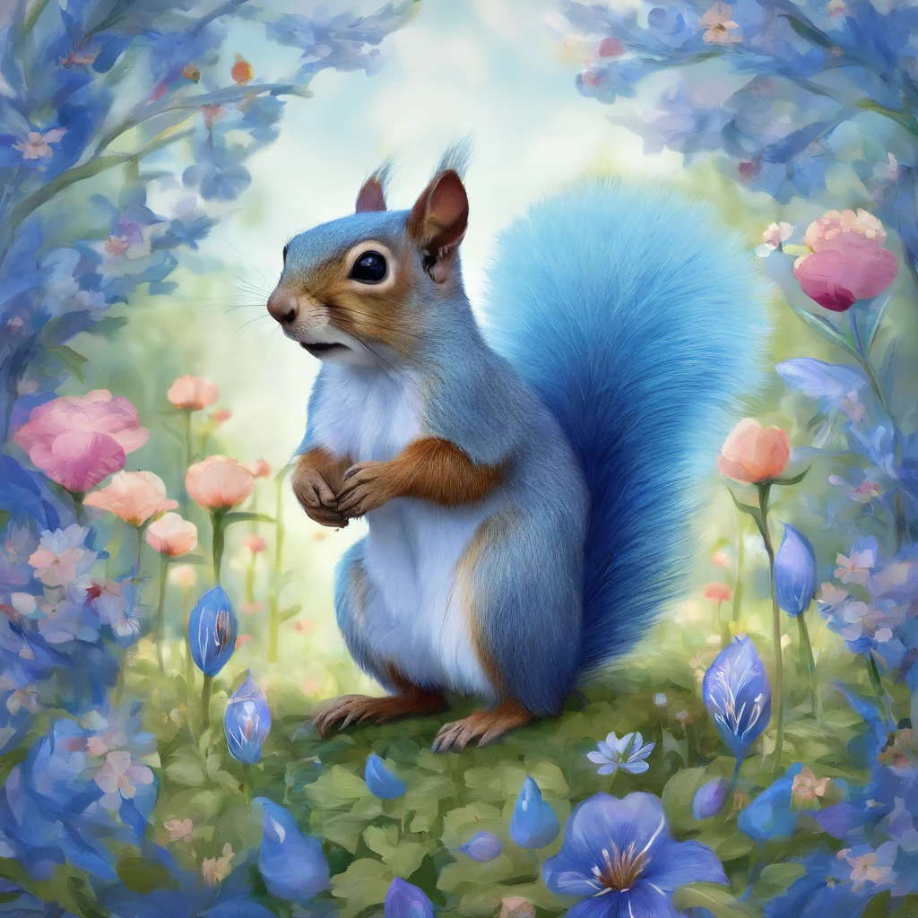 Blue squirrel in a flower field