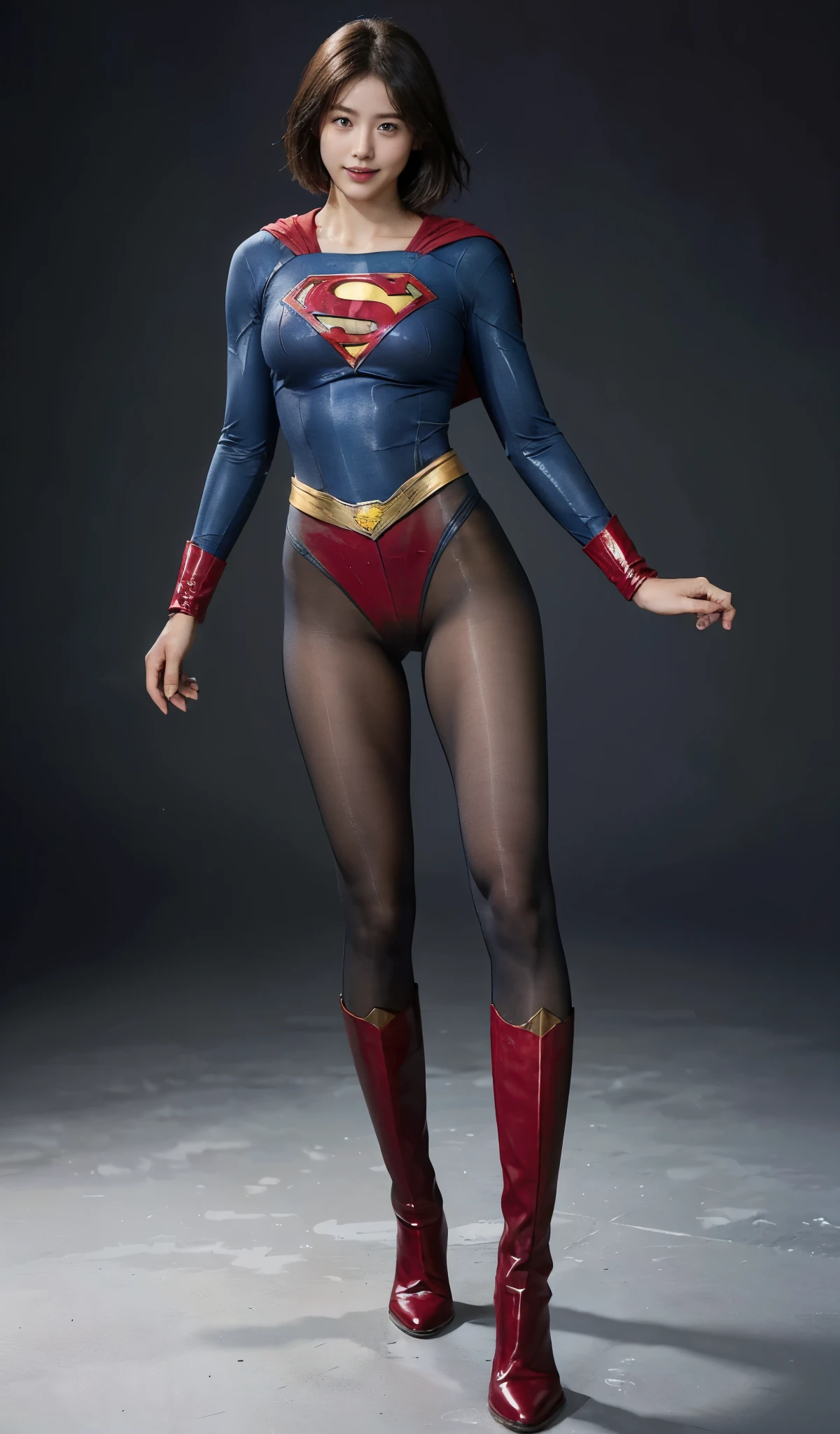 No background、(((Beautiful legs in black tights.)))、(((Legally express the beauty of your smile)))、((((Make the most of your original images)))、(((Supergirl Costume)))、(((beautiful short bob hair)))、(((suffering)))、(((Please wear black tights....、Wear red boots)))、((Best image quality、8K))、((highest quality、8K、masterpiece:1.3))、(((Preserve background )))、Sharp focus:1.2、Beautiful woman with perfect figure:1.4、Thin abdominal muscles:1.2、Wet body:1.5、Highly detailed face and skin texture、8K