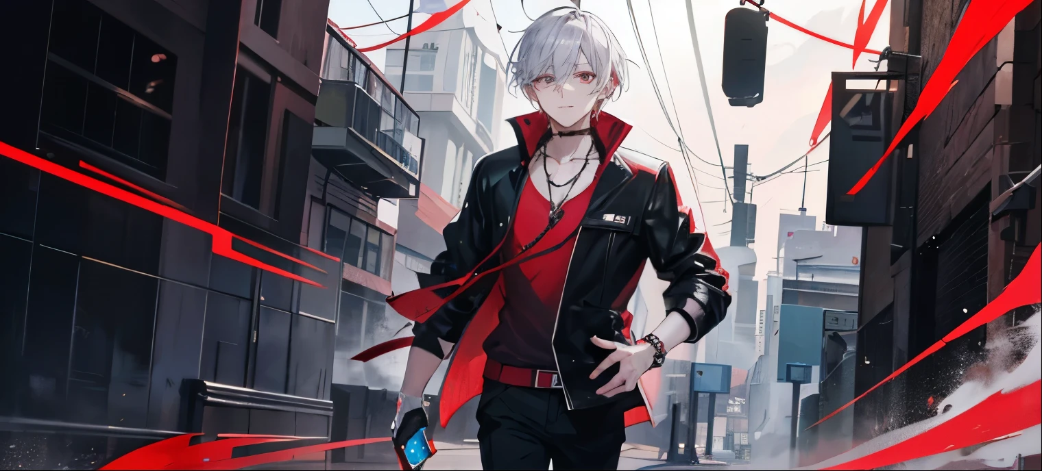 High resolution, 2D Anime Style,,Cool guy,Mature look,,20th Generation,Short Hair,Silver Hair,Red eyes,Beautiful watch,Beautiful earrings,beautiful necklace,Dark Fashion,He is smiling a little,whole body,walking