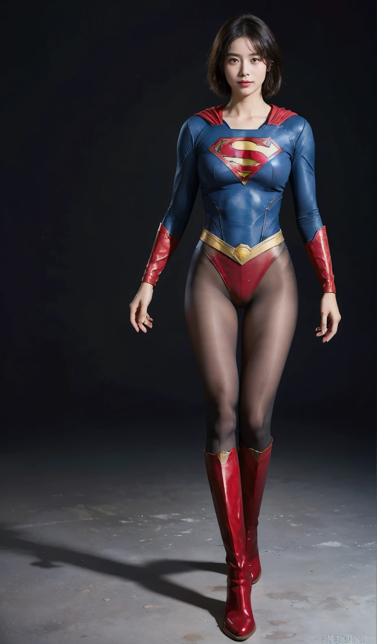 No background、(((Beautiful legs in black tights.)))、(((Legally express the beauty of your smile)))、((((Make the most of your original images)))、(((Supergirl Costume)))、(((beautiful short bob hair)))、(((suffering)))、(((Please wear black tights....、Wear red boots)))、((Best image quality、8K))、((highest quality、8K、masterpiece:1.3))、(((Preserve background )))、Sharp focus:1.2、Beautiful woman with perfect figure:1.4、Thin abdominal muscles:1.2、Wet body:1.5、Highly detailed face and skin texture、8K