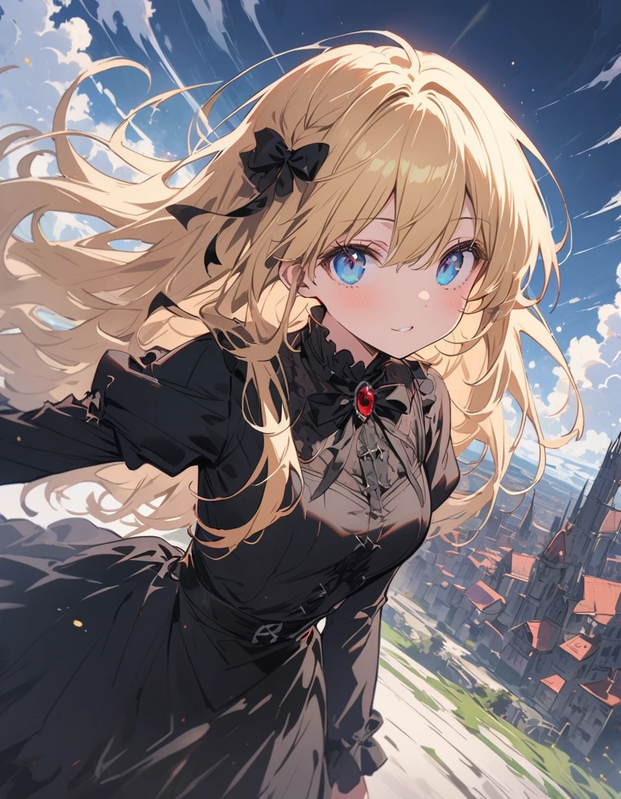 (非常にdetailedな 、 8k wallpaper,masterpiece, highest quality, 非常にdetailedな),(Best lighting, Best Shadow, Very delicate and beautiful),floating,High saturation,Blonde+blue eyes:1.2,Gloomy Gothic Landscape, Long Hair, Gazing into the distance. (長いブロンドの髪と輝くblue eyesのゴシック照明を持つ美しい女の子)、Gothic Lolita Clothing、(highest quality、masterpiece、High resolution、detailed)、animeスタイル、Flat Style、(Shining Eyes、detailed美しい顔), BREAK,extremely detailed、Dynamic Angle、anime、fullbody、Stylish Gothic Western-style building、Western