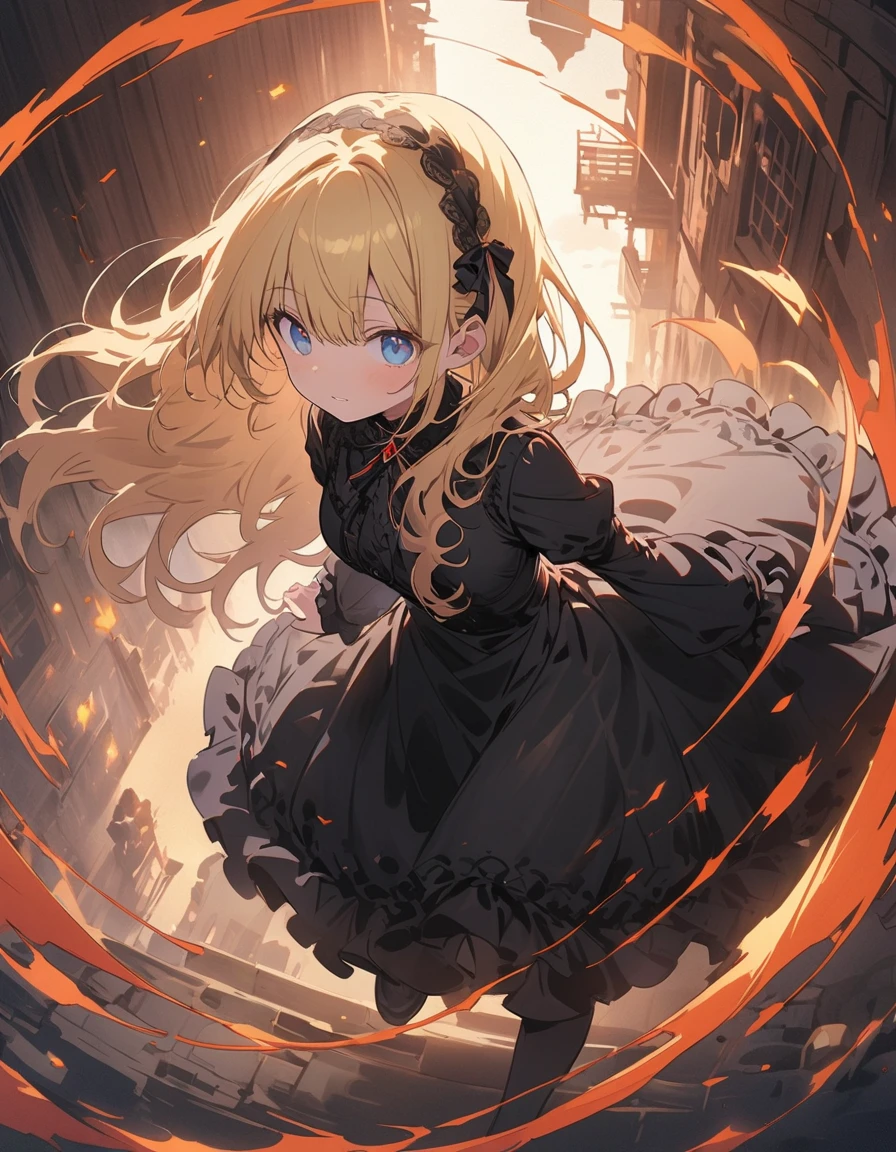 (非常にdetailedな 、 8k wallpaper,masterpiece, highest quality, 非常にdetailedな),(Best lighting, Best Shadow, Very delicate and beautiful),floating,High saturation,Blonde+blue eyes:1.2,Gloomy Gothic Landscape, Long Hair, Gazing into the distance. (長いブロンドの髪と輝くblue eyesのゴシック照明を持つ美しい女の子)、Gothic ta Clothing、(highest quality、masterpiece、High resolution、detailed)、animeスタイル、Flat Style、(Shining Eyes、detailed美しい顔), BREAK,extremely detailed、Dynamic Angle、anime、fullbody、Stylish Gothic Western-style building、Western