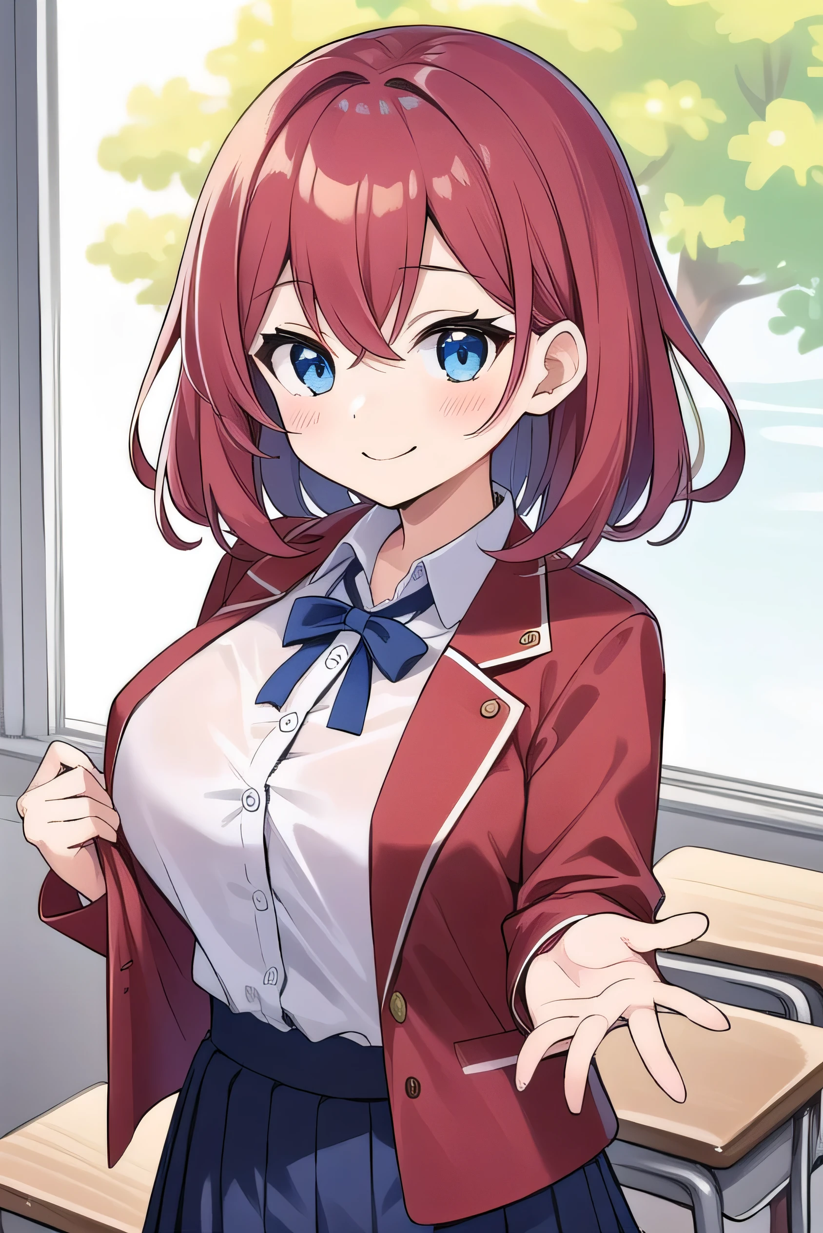 Big breasts, red hair, blue eyes, droopy eyes, red jacket, long sleeves, navy skirt, , super big breasts, (medium hair: 1), baggy clothes, elementary school studentt, 10 years old, old, shy Agari, smiling a little, trtton his shirt the classroom, white shirt, soft hair,straight hair