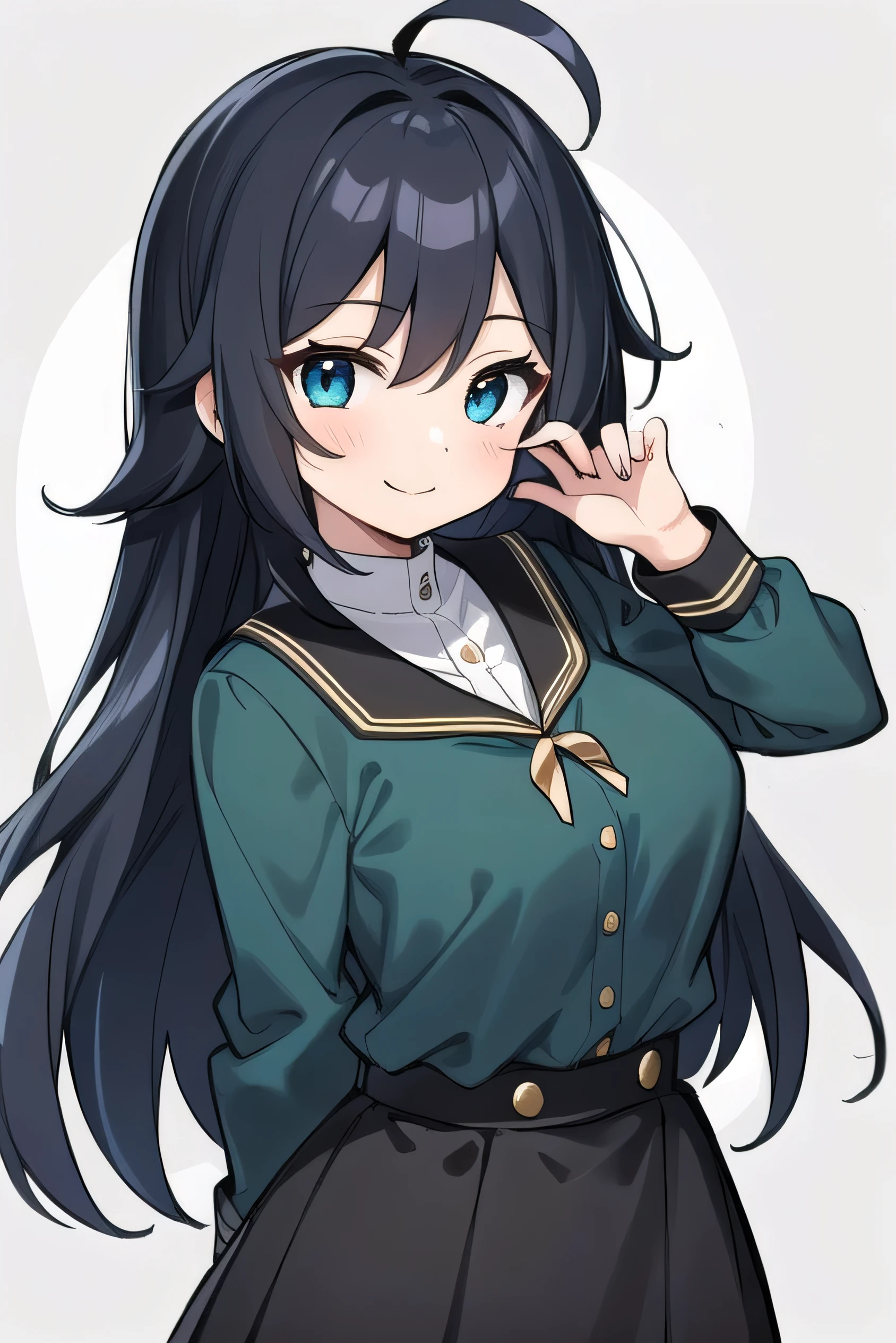 Junior high school student who looks like an elementary school student, 14 years old, very short, 140cm tall, black hair with a slight green tinge, short ahoge, beautiful long hair but with a little hair sticking out, beautiful round eyes, blue eyes, smile, boyish, long sleeves , thick clothes, skirt, big breasts, hair longer than waist, long hair, young face, dark greenish black hair, gentle smile, a little shy, skirt is black, hair is black but has a slight green tinge, boyish and gentle smile I have.
