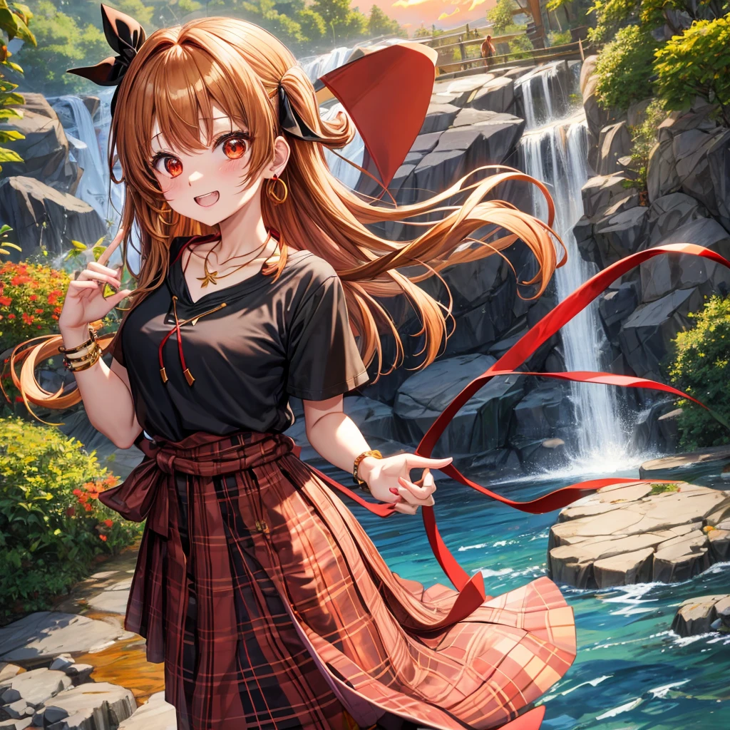 Brown, red, gold, golden hair、Red eyes、One good looking girl、solo、anime、Checkered mini skirt、Black camisole、Black T-shirt、hoodie、Wearing a ribbon、Ribbon on waist、Crystal Earrings、Gemstone Necklace、Light and shadow、Tilting face、Teeth are visible、waterfall、Kuroko、wearing goggles on head、tunnel、pylon、Sunset sky、Towering、frilled lizard