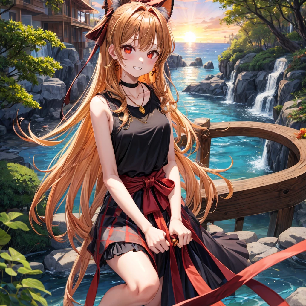 Brown, red, gold, golden hair、Red eyes、One good looking girl、solo、anime、Checkered mini skirt、Black camisole、Black T-shirt、hoodie、Wearing a ribbon、Ribbon on waist、Crystal Earrings、Gemstone Necklace、Light and shadow、Tilting face、Teeth are visible、waterfall、Kuroko、wearing goggles on head、tunnel、pylon、Sunset sky、Towering、frilled lizard