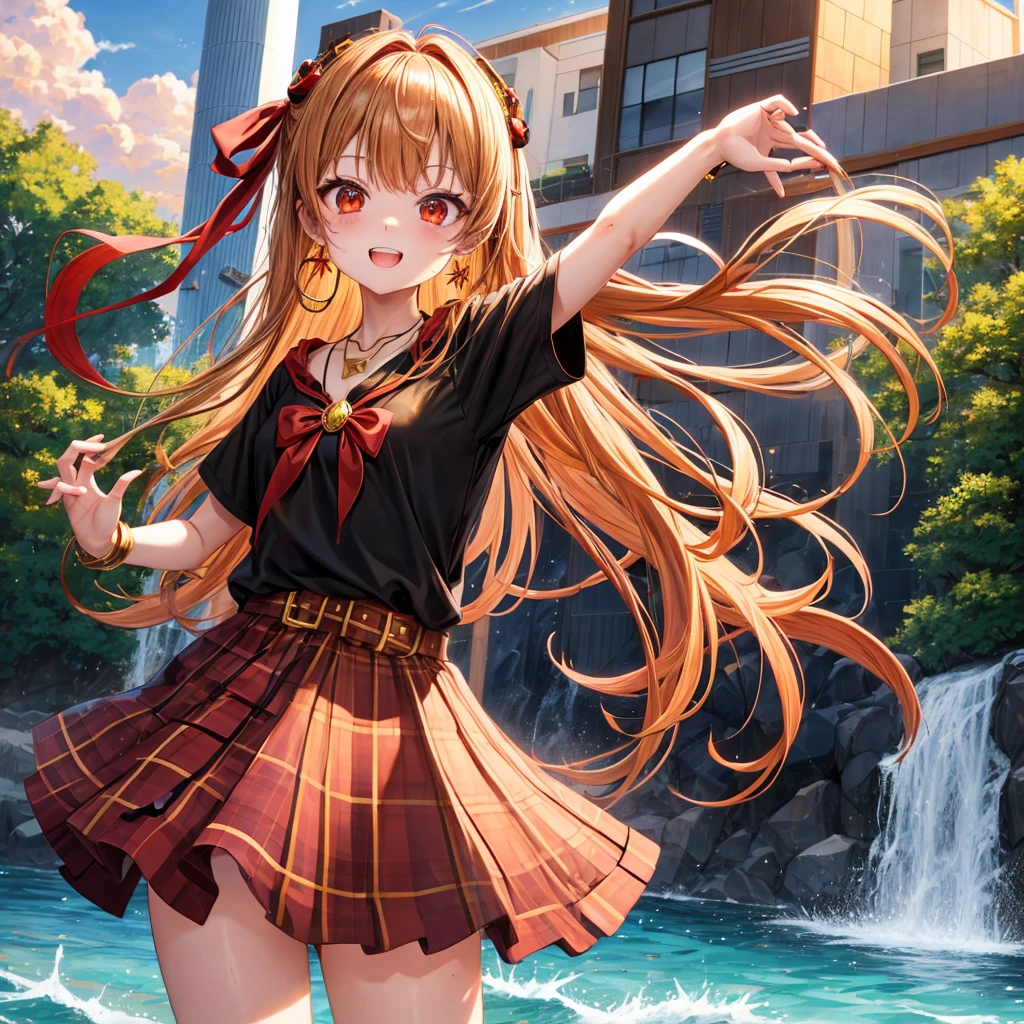 Brown, red, gold, golden hair、Red eyes、One good looking girl、solo、anime、Checkered mini skirt、Black camisole、Black T-shirt、hoodie、Wearing a ribbon、Ribbon on waist、Crystal Earrings、Gemstone Necklace、Light and shadow、Tilting face、Teeth are visible、waterfall、Kuroko、wearing goggles on head、tunnel、pylon、Sunset sky、Towering、frilled lizard
