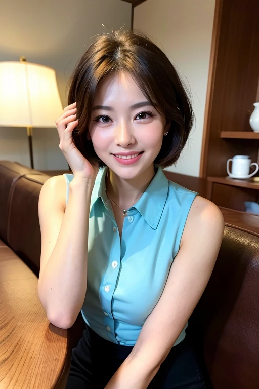 ((highest quality)), ((masterpiece)), (familiar), Perfect Face, masterpiece、highest quality、High resolution、wallpaper、Realistic、Bright lighting、Professional Lighting、Face Light、Smooth lighting、Japanese women、20th Gen Midplate、so beautiful、Beautiful Skin、Beautiful and detailed、familiar顔、slim、moderately、short hair、Brunette colored hair、Brown eyes、Looking at the camera、Cafe sofa、 commercial photography, Beautiful Instagram influencer girls, The best smile,Daytime、No collar shirt、