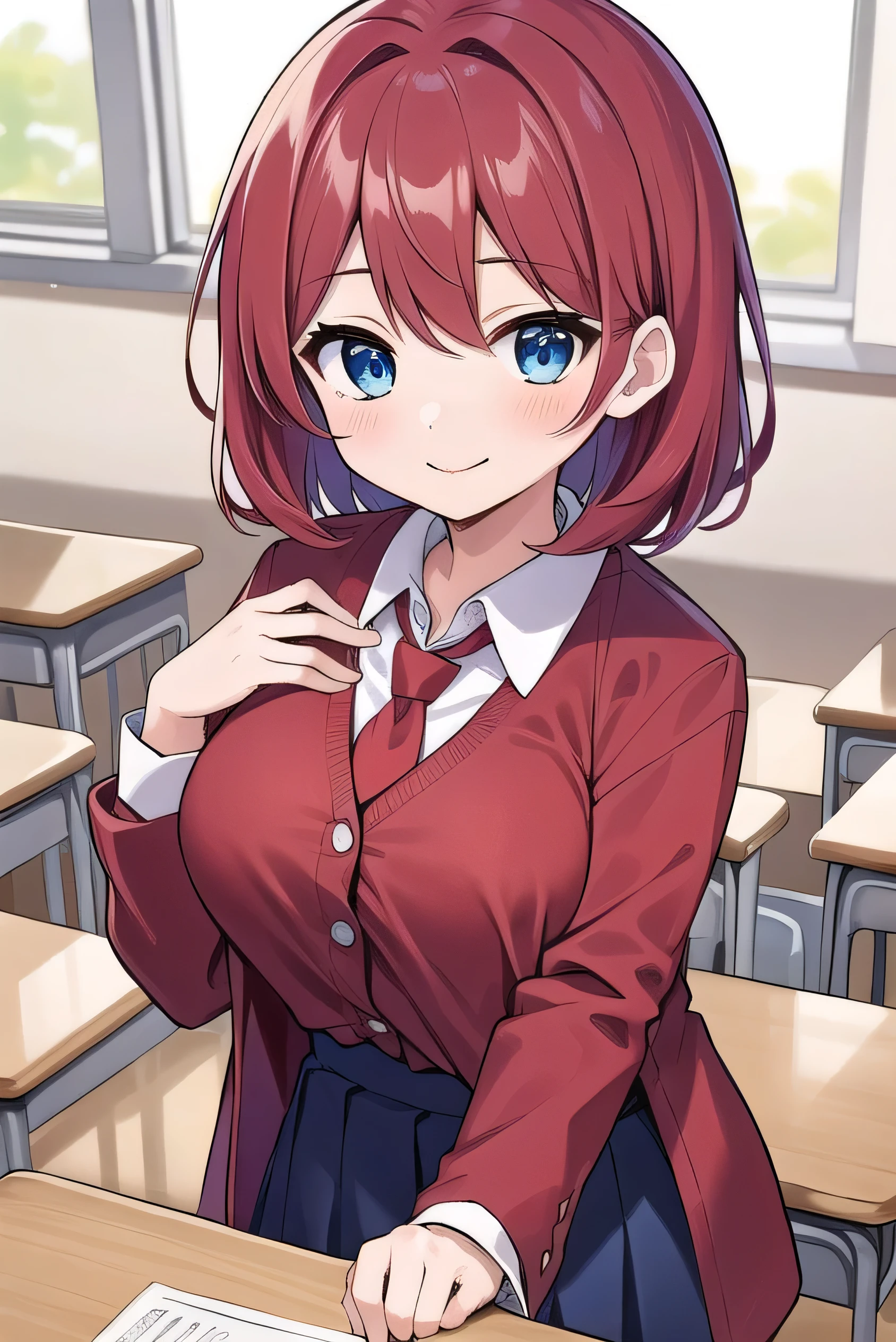 Big breasts, red hair, blue eyes, droopy eyes, red jacket, long sleeves, navy skirt, elementary school student, super big breasts, (medium hair: 1.2), baggy clothes, elementary school student, young face, short height, 10 years old, old, shy A shy guy, smiling a little, in the classroom, trying to open the buttons of his shirt, white shirt, red tie,straight hair