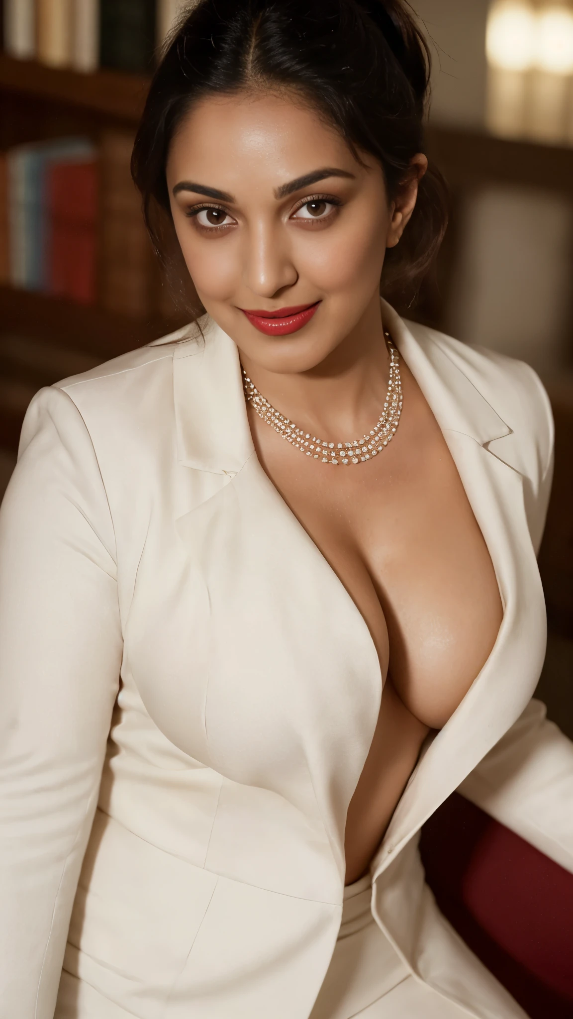 day scene, extreme close up photo of naked kiara from top view, hourglass figure, swooping breasts, deep cleavage, curvy, armpits, seductive eyes, look at viewer and subtle smile, posing in library, necklace, white jacket, braless, red lips, sultry, ponytail, (cinematic:1.3), intricate details, (ArtStation:1.2)