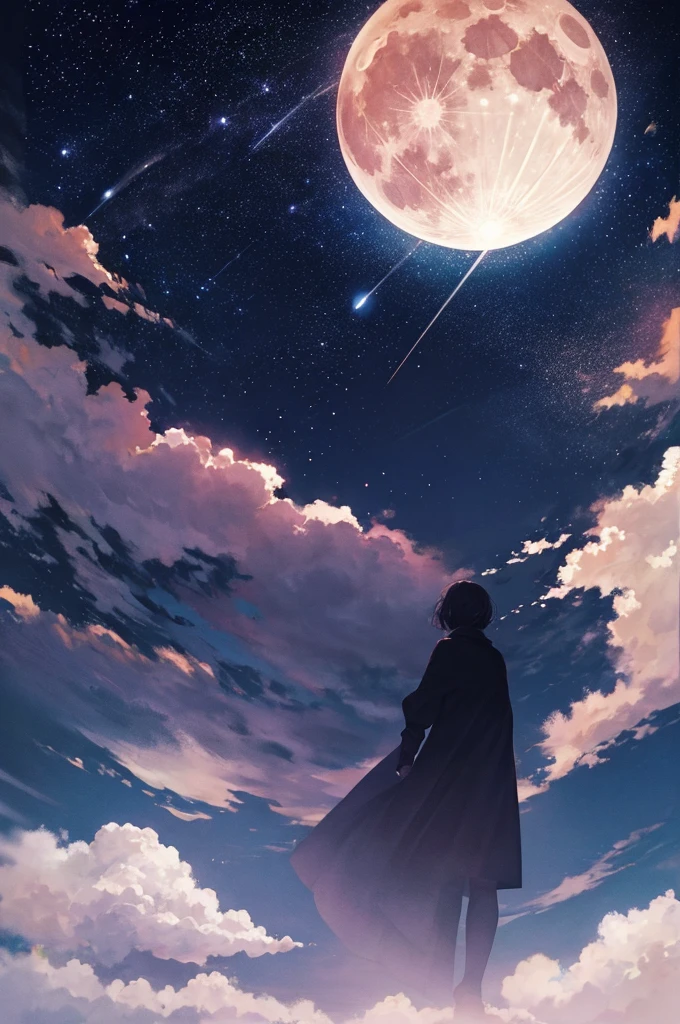 highest quality,Big moon and shadow,A silhouette of a person can be seen against the backdrop of a large moon.,There is one full moon,There is a mood,Beautiful scenery,Starry Sky