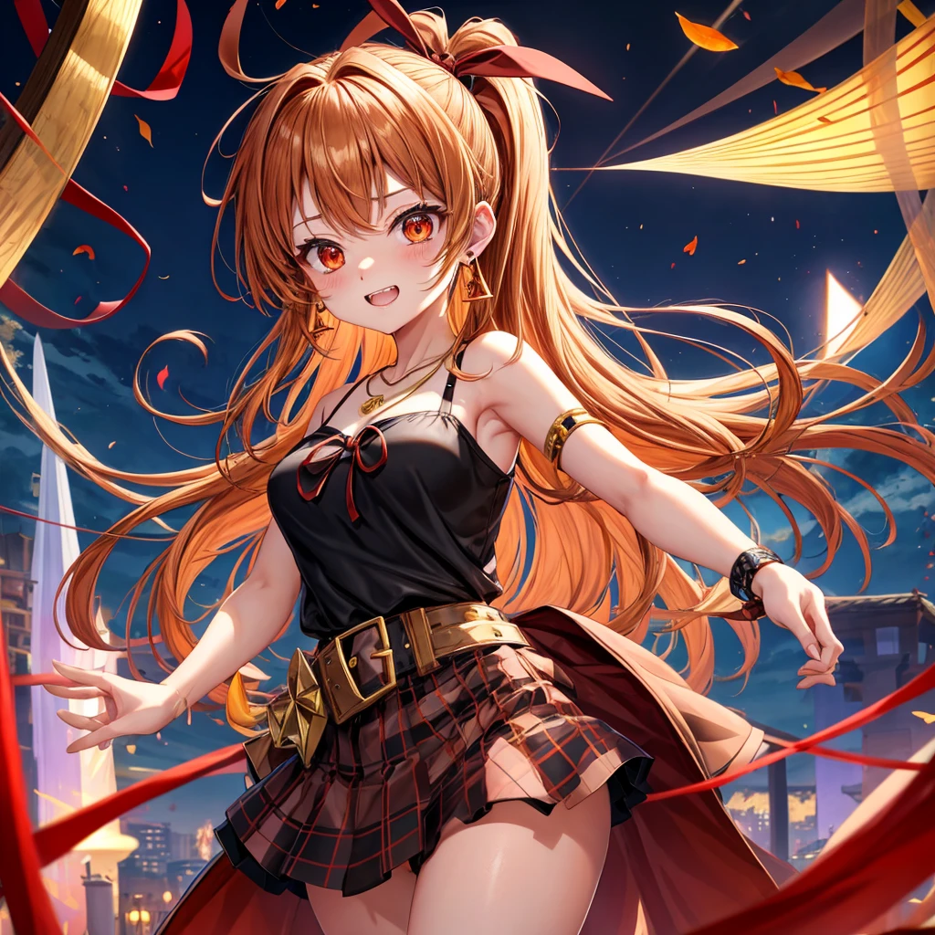 Brown, red, gold, golden hair、Red eyes、One good looking girl、solo、anime、Checkered mini skirt、Black camisole、Black T-shirt、hoodie、Wearing a ribbon、Ribbon on waist、Crystal Earrings、Gemstone Necklace、Light and shadow、Tilting face、Teeth are visible、waterfall、Kuroko、wearing goggles on head、tunnel、pylon、Sunset sky、Towering、frilled lizard、light