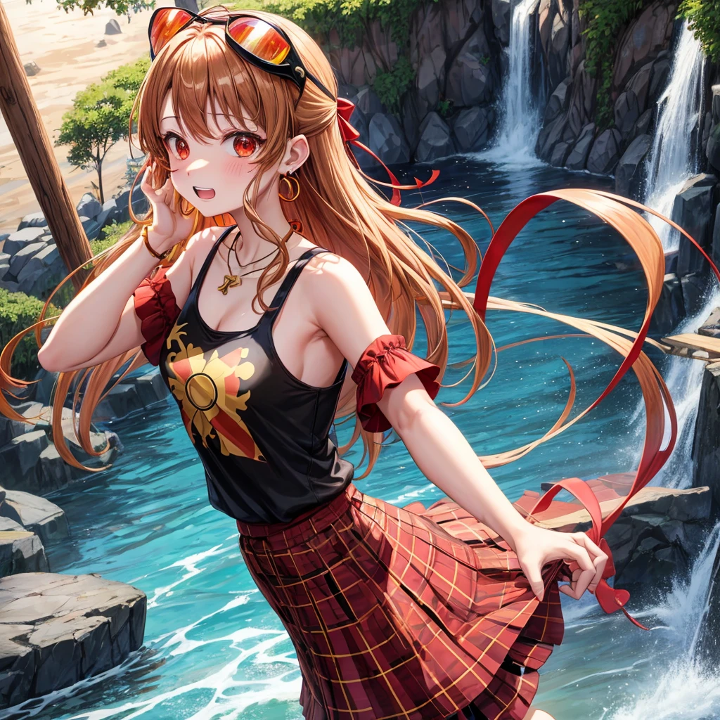 Brown, red, gold, golden hair、Red eyes、One good looking girl、solo、anime、Checkered mini skirt、Black camisole、Black T-shirt、hoodie、Wearing a ribbon、Ribbon on waist、Crystal Earrings、Gemstone Necklace、Light and shadow、Tilting face、Teeth are visible、waterfall、Kuroko、wearing goggles on head、tunnel、pylon、Sunset sky、Towering、frilled lizard、light