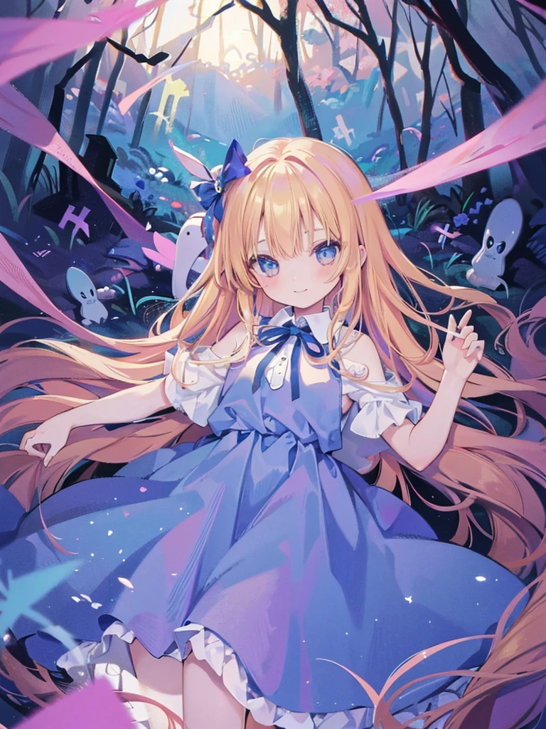 absurd, High resolution, (anime style:1.1), ((highest quality)), (Super detailed), 12 year old girl、alice in wonderland、cute、blue ribbon on head、masterpiece、best image quality、alice in wonderlandのコスチューム、Alice in Wonderland background、colorful long blonde hair、colorful eyes、(high angle)、Deep in the creepy woods of Alice in Wonderland、crazy smile、Spooky Monsters、psychopath、from the back、hide in a cemetery、pastel colour、