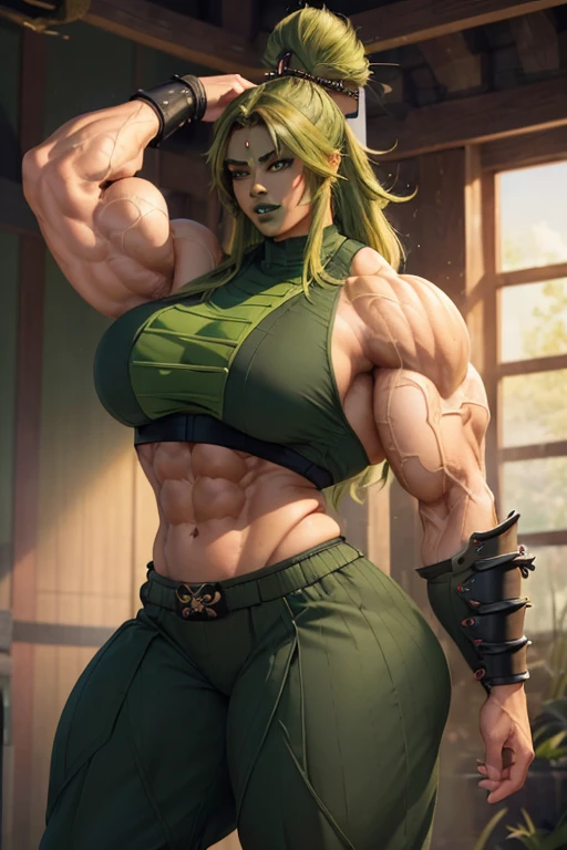 Full body image of an ogre woman, full body in image, wearing rugged fantasy-inspired outfit, long hair with ogre-like features (green skin, tusks, muscular build), female body, tall and powerful body, dynamic pose, detailed pose, simple background, expressive face showing fierceness, focus on face, line art, sketch