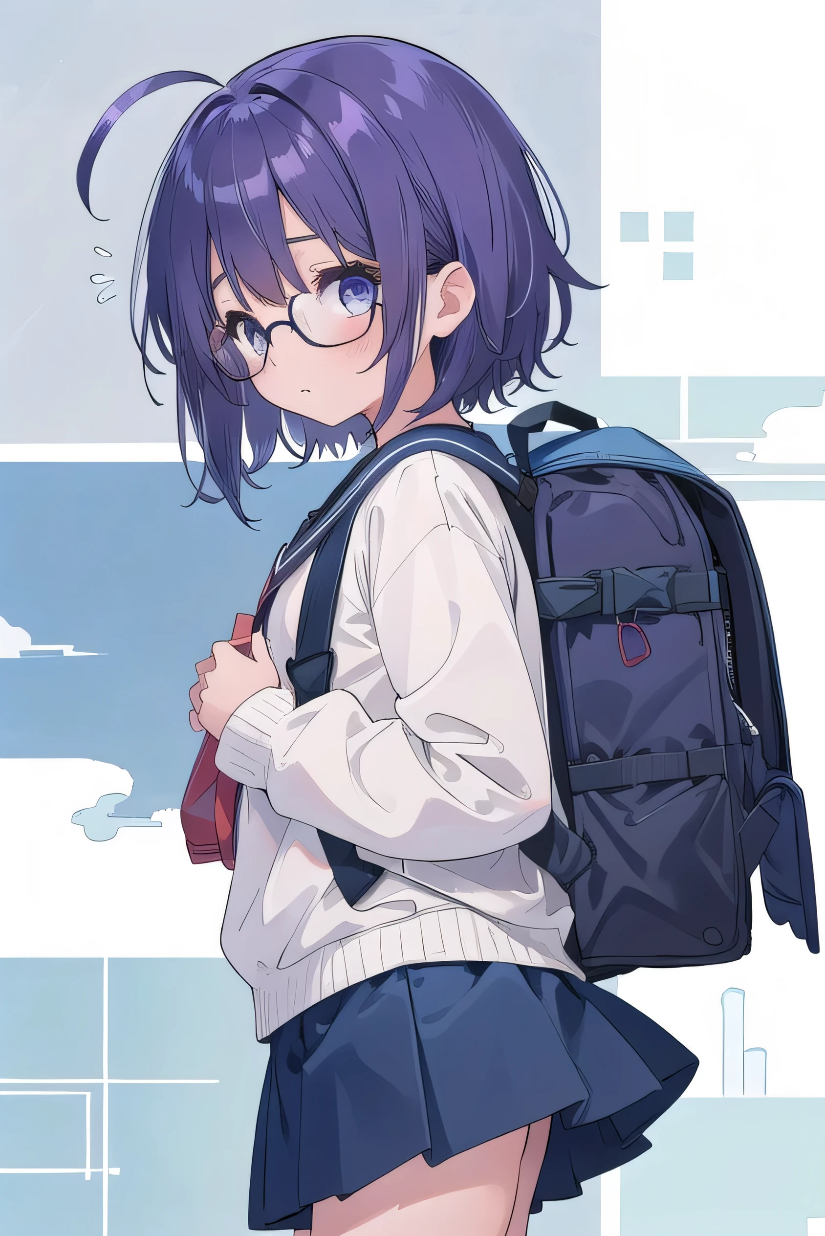 Purple hair, gray eyes, white , navy blue miniskirt, 11 years old, short, short long hair, kind expression, shy, backpack, almost no breasts, slightly exposed. hair,(flipped hair ), flipped hair, long sleeves, ahoge, girl alone, flipped hair, flipped hair, flipped hair, flipped hair, glasses with no edges, embarrassed,