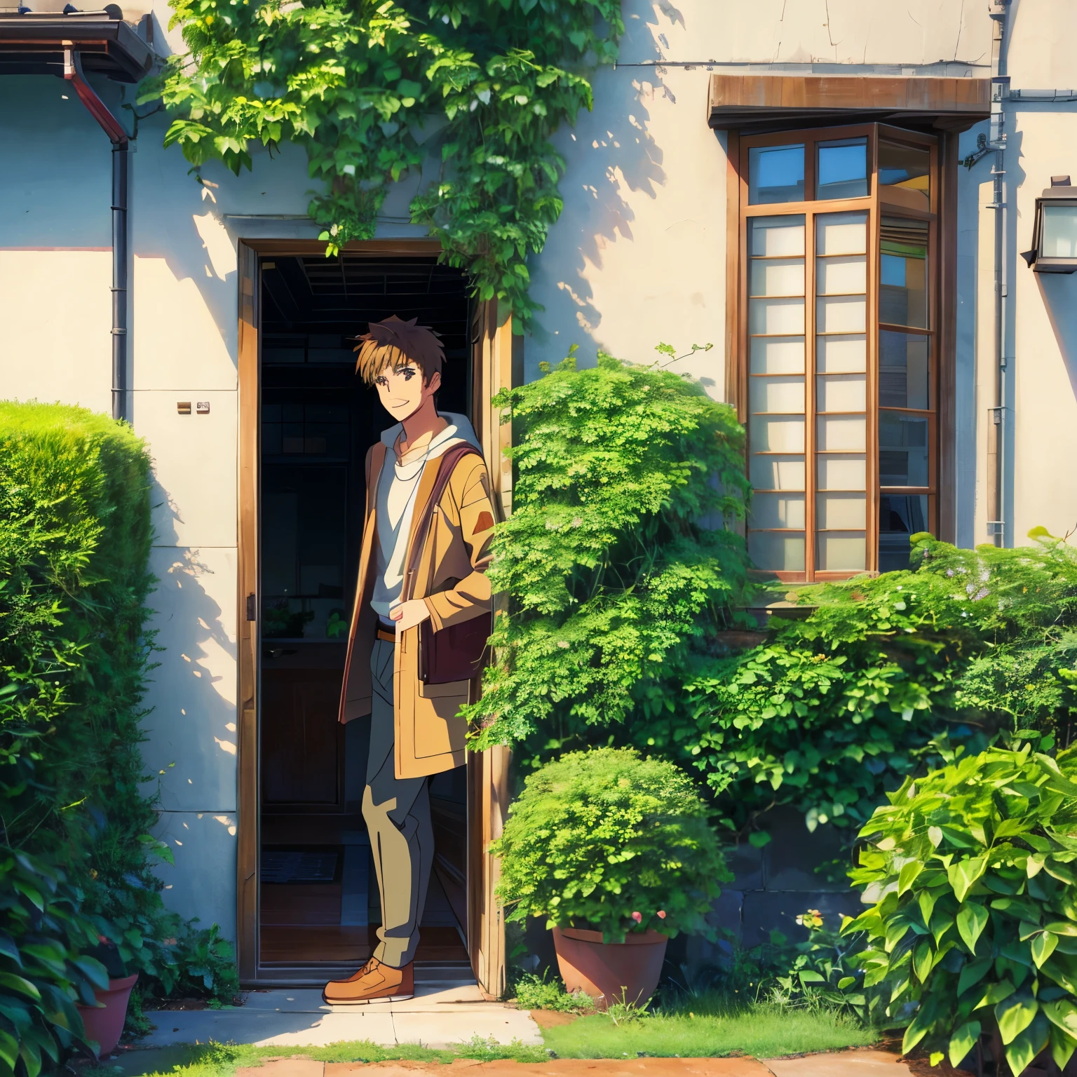 Anime, male, 20 year old, short hair, brown hair, door, mildly handsome, smile, greenery outside,