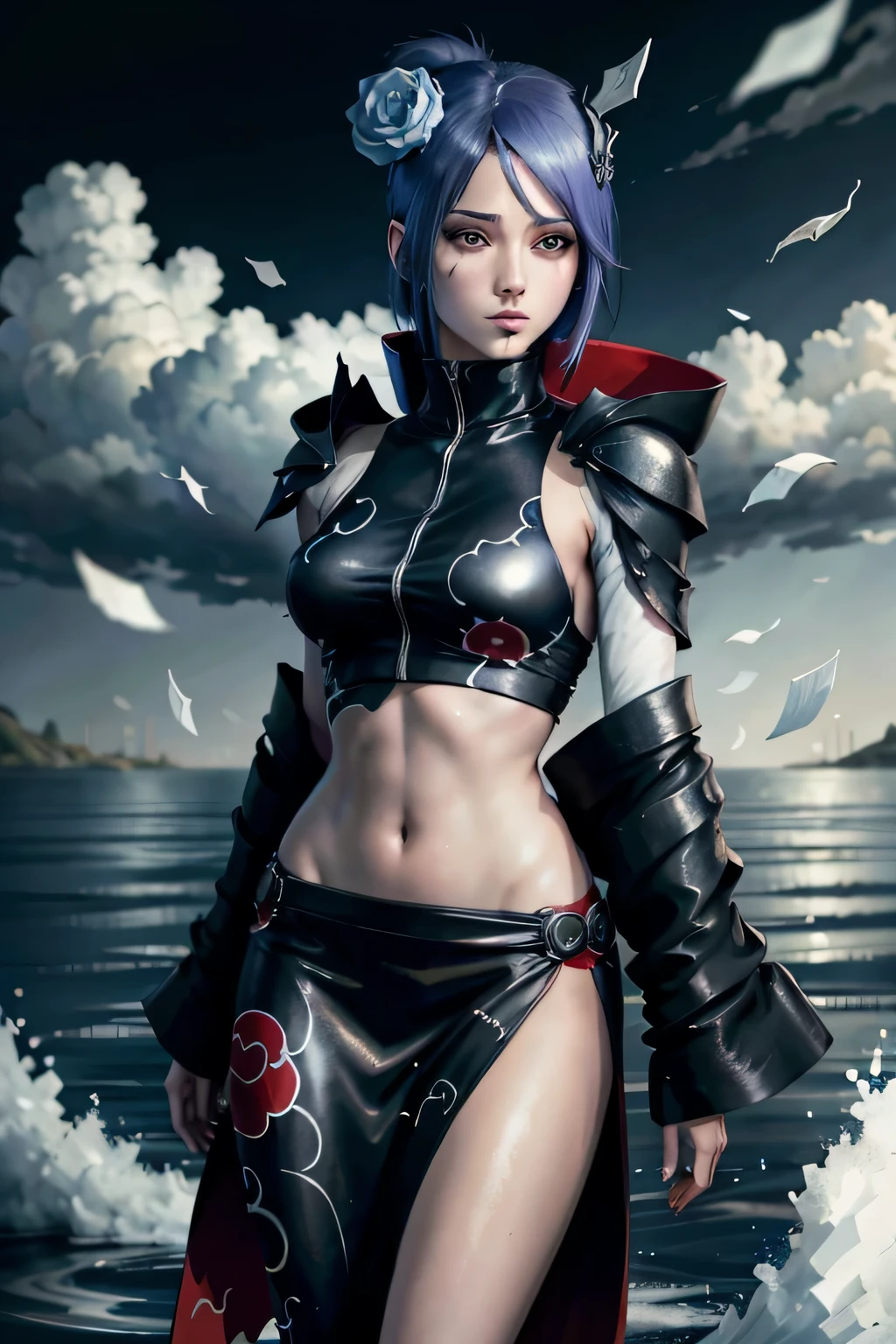 absurdres, (best quality), (masterpiece),(ultra-detailed:1.2),(photorealistic:1.1),(highres),
1girl,
konan \(naruto\), (akatsuki outfit:1.1), labret piercing, (paper:1.2),
ripples,swirling ,
