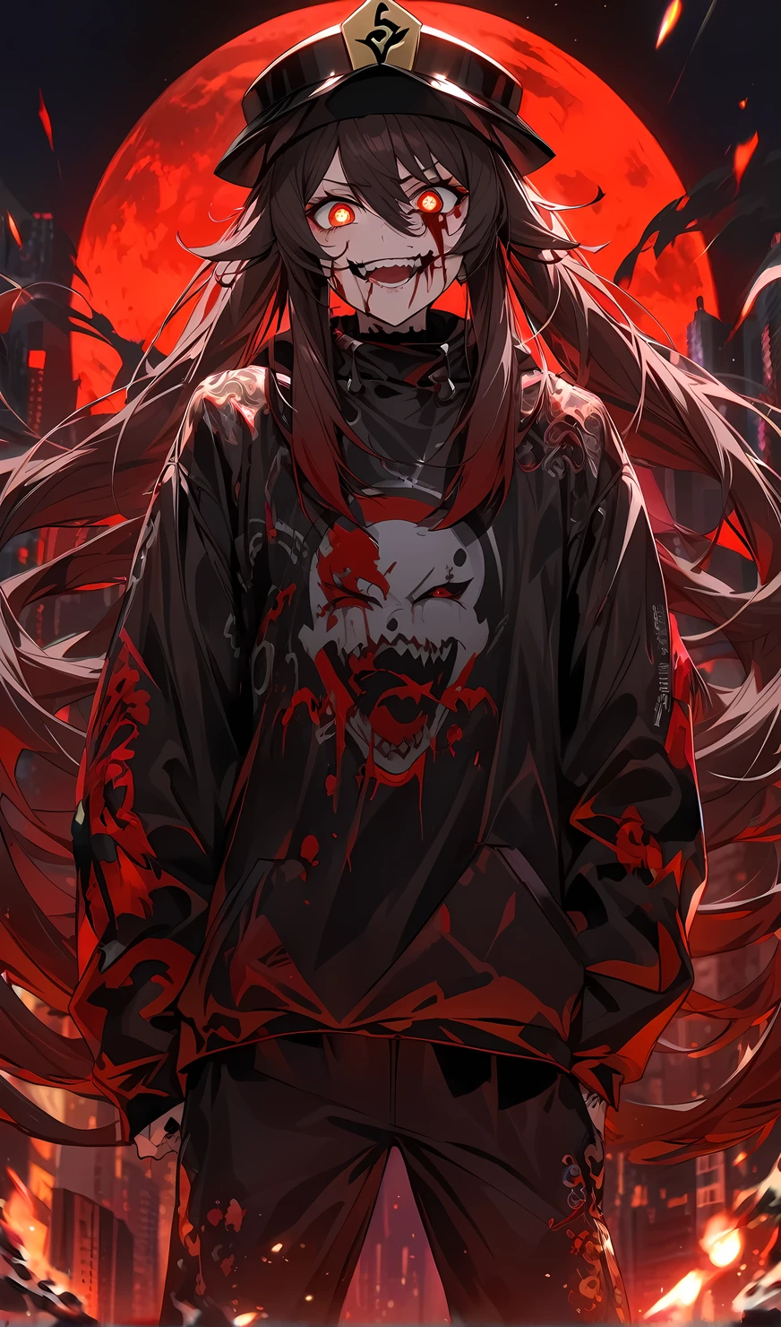 Hu Tao, danger ,solo,crazy evil smile,villain,blood on face ,wearing street wear, night city,red moon background,sad,highly detailed eyes, highly detailed face, highly detailed background,look at viewer,