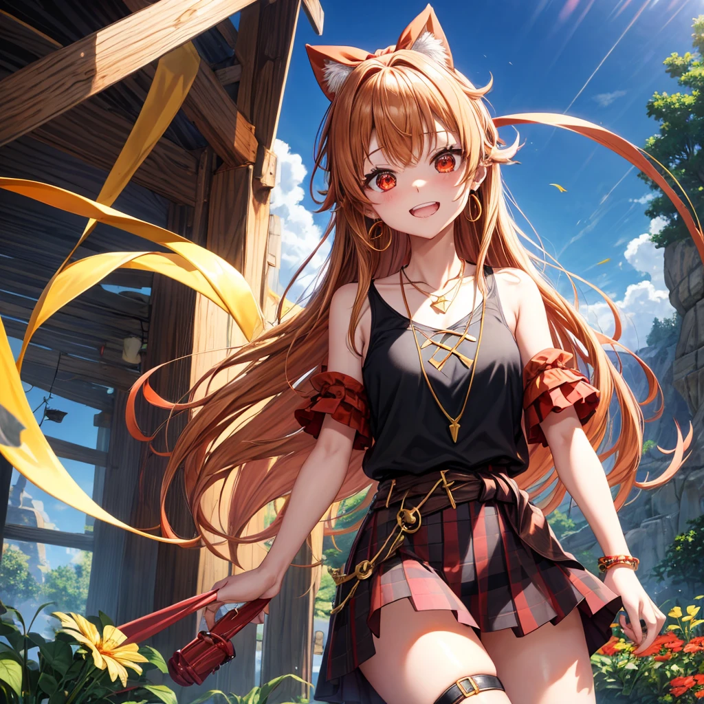 Brown, red, gold, golden hair、Red eyes、One good looking girl、solo、anime、Checkered mini skirt、Black camisole、Black T-shirt、hoodie、Wearing a ribbon、Ribbon on waist、Crystal Earrings、Gemstone Necklace、Light and shadow、Tilting face、Teeth are visible、waterfall、Kuroko、wearing goggles on head、tunnel、pylon、Sunset sky、Towering、frilled lizard、light