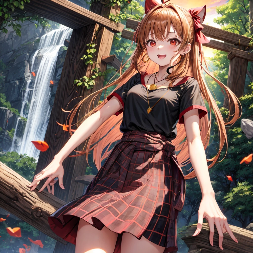 Brown, red, gold, golden hair、Red eyes、One good looking girl、solo、anime、Checkered mini skirt、Black camisole、Black T-shirt、hoodie、Wearing a ribbon、Ribbon on waist、Crystal Earrings、Gemstone Necklace、Light and shadow、Tilting face、Teeth are visible、waterfall、Kuroko、wearing goggles on head、tunnel、pylon、Sunset sky、Towering、frilled lizard、light