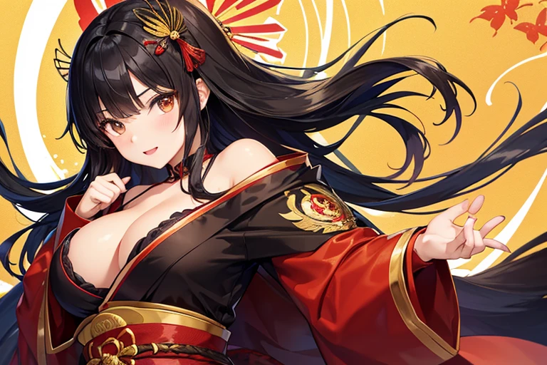 19 years old young girl with short height (155 cm), long black hair, brown eyes, and busty figure (D-cup). She wears red and gold kimono with Oda clan crest on her sleeves, and golden butterfly hairpin.