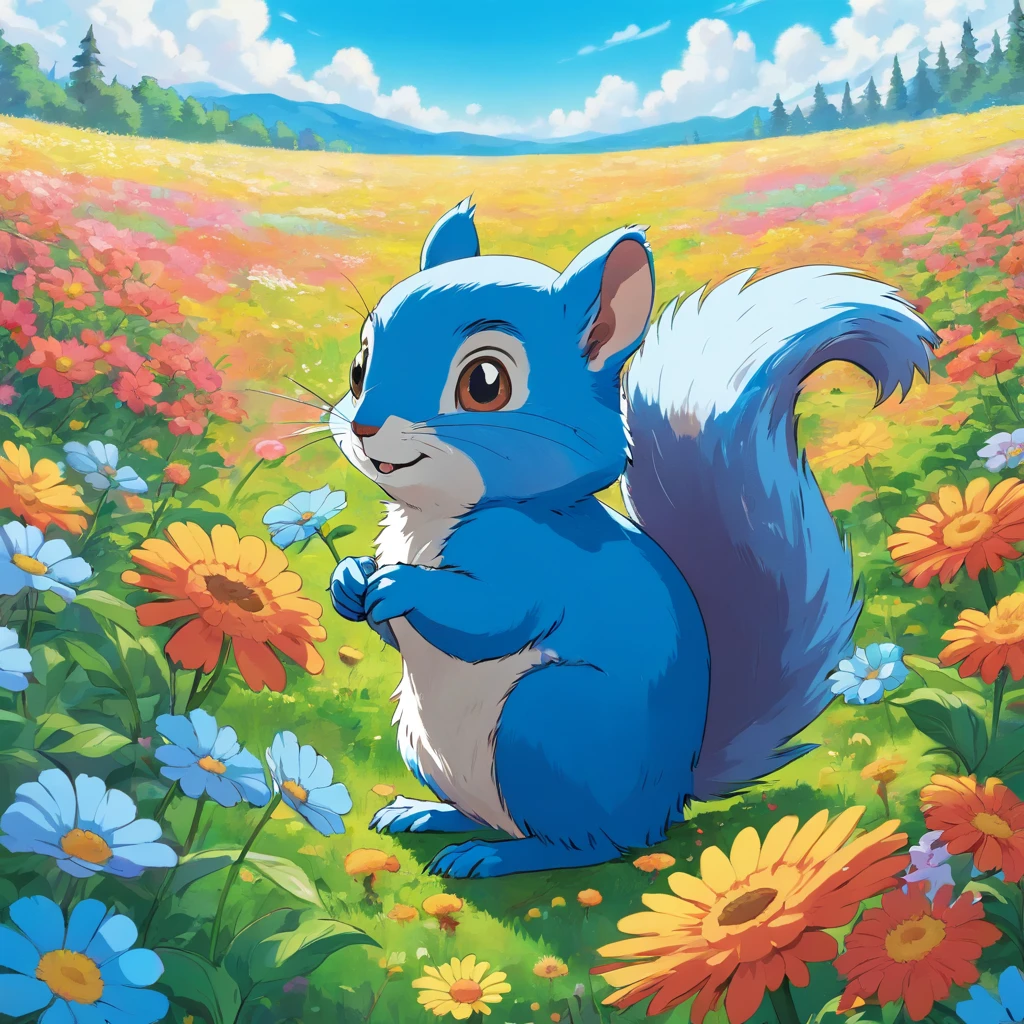 Blue squirrel in a flower field