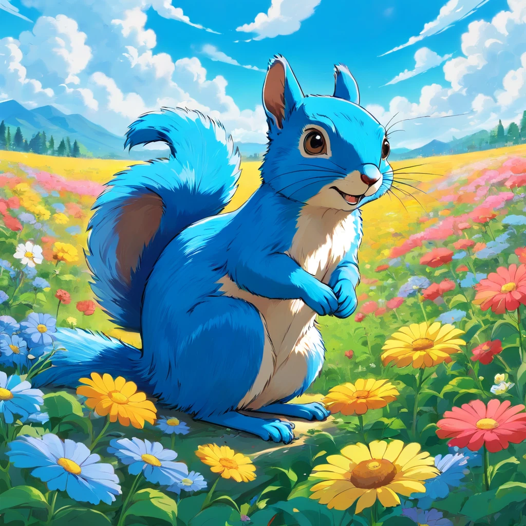 Blue squirrel in a flower field