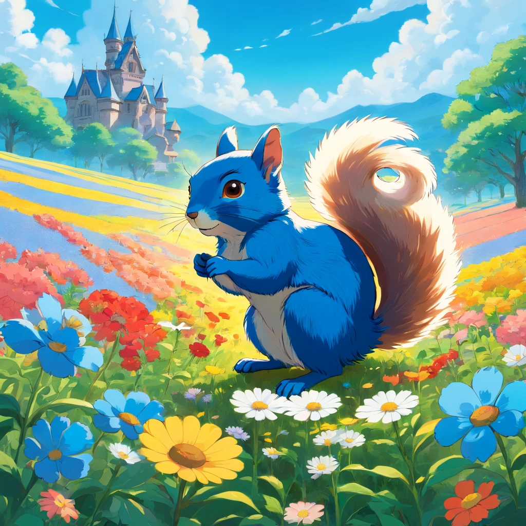 Blue squirrel in a flower field