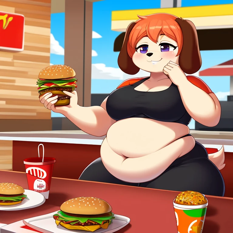Dog sitting in fast food restaurant, mouth open, about to bite into a burger, she has a jiggly fat belly, love handles, small shirt, tight clothes, there are several more burgers on the table in front of her